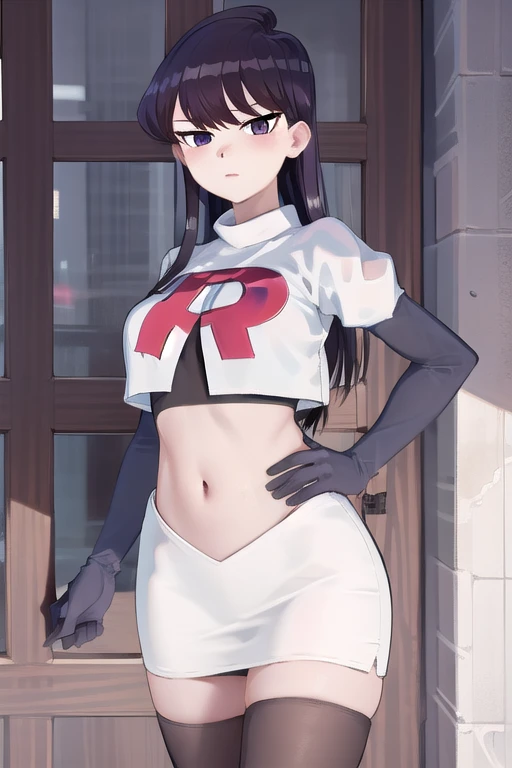 masterpiece, best quality, 1girl, solo, komi-san wa komyushou desu, looking at viewer, team rocket,team rocket uniform,white skirt,red letter R,crop top,black thigh-highs, cowboy shot 