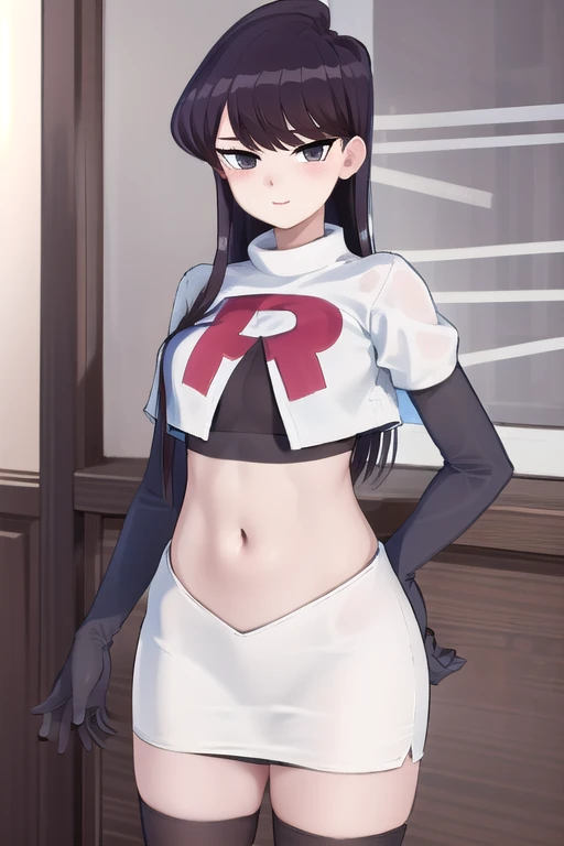 masterpiece, best quality, 1girl, solo, komi-san wa komyushou desu, looking at viewer, team rocket,team rocket uniform,white skirt,red letter R,crop top,black thigh-highs, cowboy shot