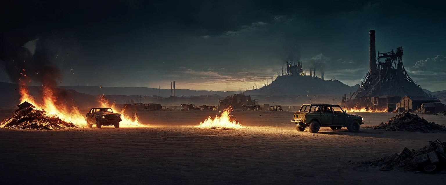 Post-apocalyptic wasteland:1.7, ((night, Dark: 1.7)), The backdrop of this masterpiece, Mad Max industrial style artifacts, epic.., showing a destructive scene, abandoned fabricated, broken walls , rubble, barrels with fire inside, darkness, it is night, desolation, wind flying earth, showing a destructive apocalyptic scene, sand, Best possible quality, 8K Ultra resolution, Stunning illustration, the best of all, Awarded, how to be the best , ((cyan, brown, green, white colors: 1.5)), epic desert setting: 1.5, photorealistic: 1.4, skin texture: 1.4, super masterpiece, super detailed, hyper detailed, well-defined light and shadows, 32K