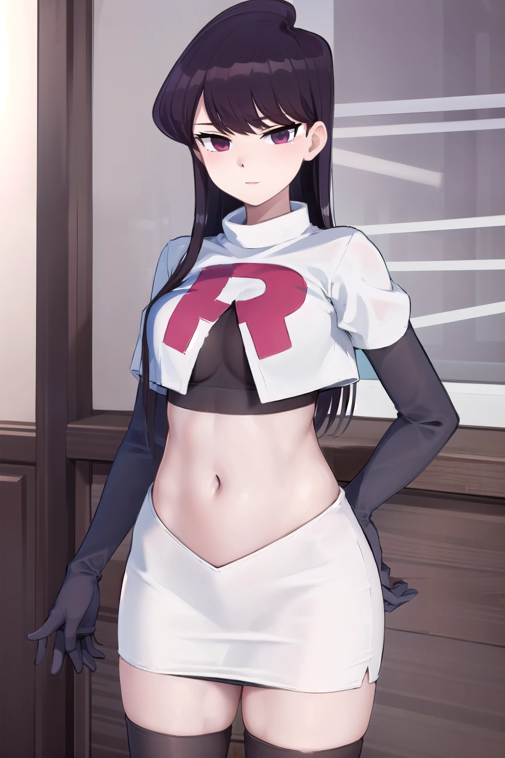 masterpiece, best quality, 1girl, solo, komi-san wa komyushou desu, looking at viewer, team rocket,team rocket uniform,white skirt,red letter R,crop top,black thigh-highs, cowboy shot 