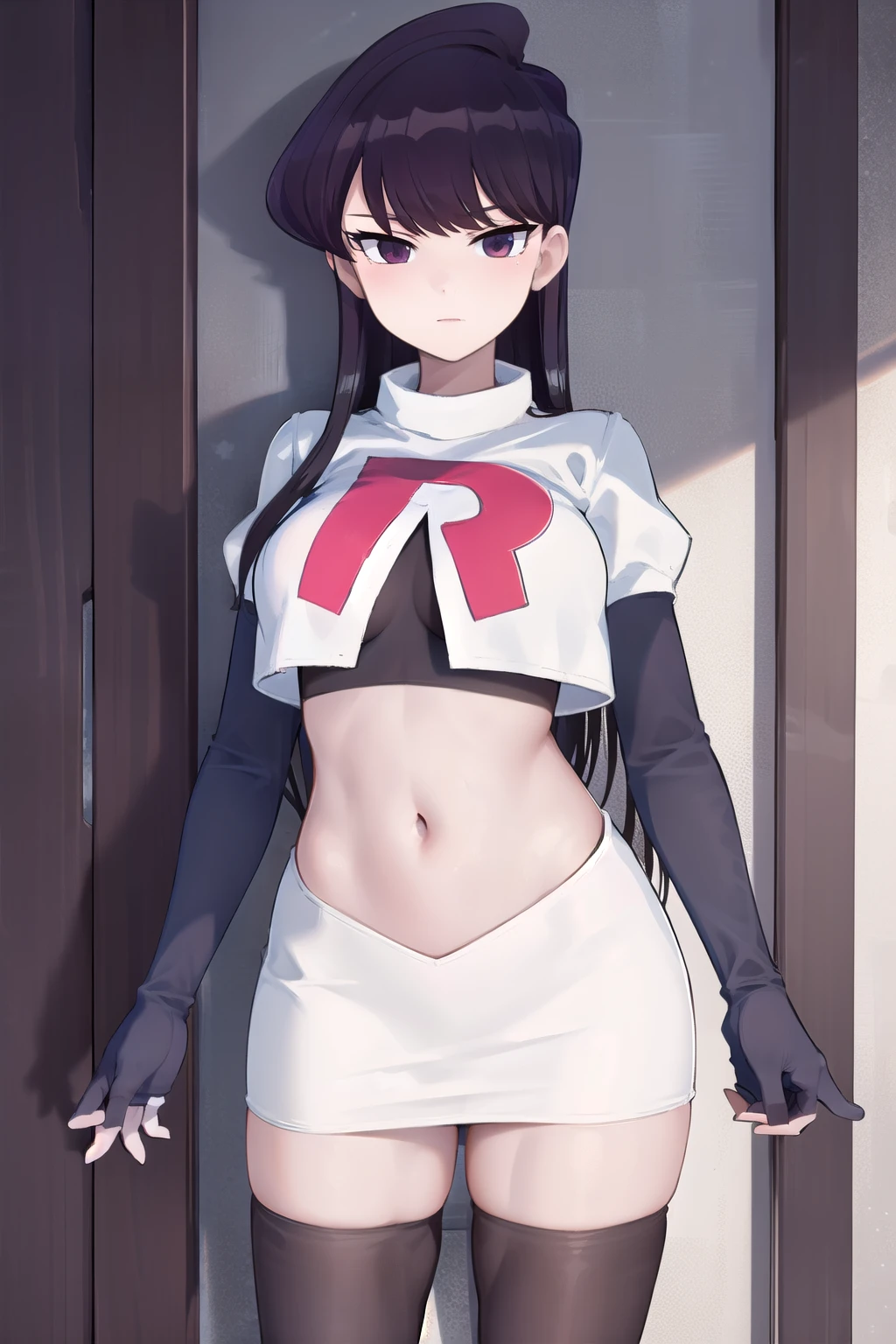 masterpiece, best quality, 1girl, solo, komi-san wa komyushou desu, looking at viewer, team rocket,team rocket uniform,white skirt,red letter R,crop top,black thigh-highs, cowboy shot 