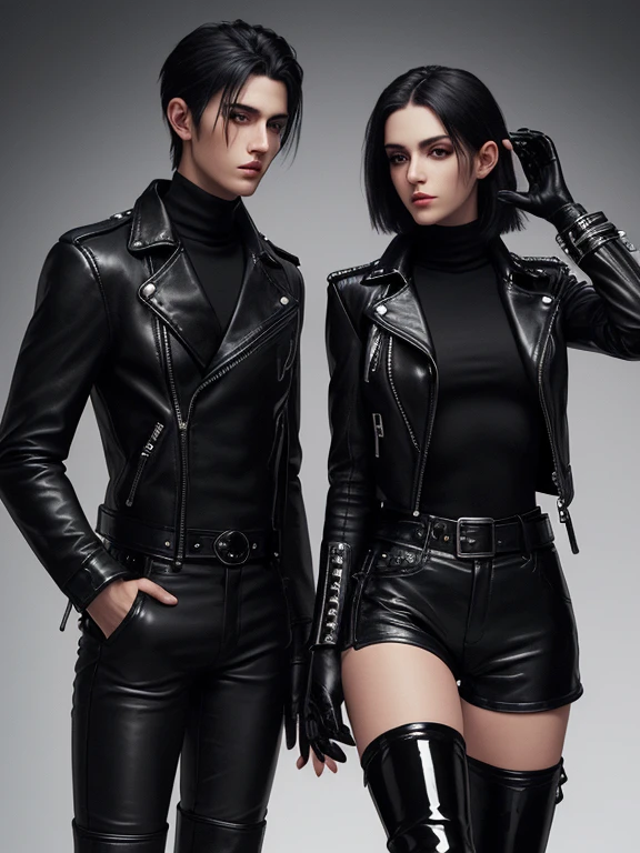 Final Fantasy-style graphics, young, Cute and cool Japanese boys and girls, Both have thin eyebrows and large eyes, Both are wearing shiny white single-breasted leather jackets.。..。Biker style leather jacket、 with epaulettes, The jacket is zipped up, The jacket pockets are black., The jacket has a high stand-up collar with a belt,They are both wearing black turtlenecks.., The man is wearing black leather pants、The girl is wearing black leather shorts and black pantyhose., Both of them are wearing thin black leather gloves.., The man was wearing long black leather lace-up boots.,、The girl is wearing black leather knee-high boots.、 Please show me your whole body, From head to toe., Final Fantasy Style、((Handsome))、((Beauty))、((Clear eyes and nose))、((Shiny white single leather jacket))、((The jacket must be white))((The jacket has epaulettes))、((The jacket has a high stand-up collar and a belt.))、((The jacket has a black pocket))、((Black turtleneck shirt))、((Man in shiny black leather pants))、((She's wearing shiny black leather shorts))、((Shiny black leather gloves on both handen's black lace-up leather long boots))、((The woman is wearing knee-high leather boots))、((View the whole body image from a distance))、Realistic image quality and texture、In a small cell、close your eyes、Has a gentle smile、((The jacket is closed with a zipper))、((No exposed skin below the neck))、((The two stand side by side))、