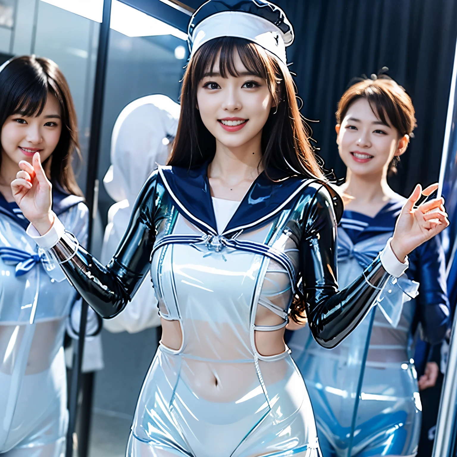A young and beautiful woman、very beautiful、Top Idol、(Concert)、Euphoric look、smile、sweating、Dance hard、Hair is moving、((Tight transparent latex sailor suit:1.45))、(ribbon、Sailor Hat)、Spotlight、View your viewers、cr1r3