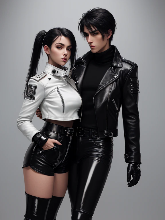 Final Fantasy-style graphics, young, Cute and cool Japanese boys and girls, Both have thin eyebrows and large eyes,  Both are wearing shiny white single-breasted leather jackets.。..。Biker style leather jacket、 with epaulettes,  The jacket is zipped up, The jacket pockets are black., The jacket has a high stand-up collar with a belt,They are both wearing black turtlenecks.., The man is wearing black leather pants、The girl is wearing black leather shorts and black pantyhose., Both of them are wearing thin black leather gloves.., The man was wearing long black leather lace-up boots.,、The girl is wearing black leather knee-high boots.、 Please show me your whole body, From head to toe., Final Fantasy Style、((Handsome))、((Beauty))、((Clear eyes and nose))、((Shiny white single leather jacket))、((Both jackets must be white.))((The jacket has epaulettes))、((The jacket has a high stand-up collar and a belt.))、((The jacket has a black pocket))、((Black turtleneck shirt))、((Man in shiny black leather pants))、((She&#39;s wearing shiny black leather shorts))、((Shiny black leather gloves on both handen&#39;s black lace-up leather long boots))、((The woman is wearing knee-high leather boots))、((View the whole body image from a distance))、Realistic image quality and texture、In a small cell、close your eyes、Has a gentle smile、((The jacket is closed with a zipper))、((No exposed skin below the neck))、((The two stand side by side))、
