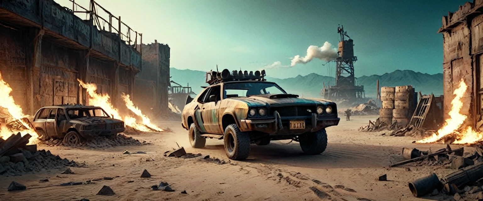 Post-apocalyptic wasteland:1.7, ((night, Dark: 1.7)), The backdrop of this masterpiece, Mad Max industrial style artifacts, epic.., showing a destructive scene, abandoned fabricated, broken walls , rubble, barrels with fire inside, darkness, it is night, desolation, wind flying earth, showing a destructive apocalyptic scene, sand, Best possible quality, 8K Ultra resolution, Stunning illustration, the best of all, Awarded, how to be the best , ((cyan, brown, green, white colors: 1.5)), epic desert setting: 1.5, photorealistic: 1.4, skin texture: 1.4, super masterpiece, super detailed, hyper detailed, well-defined light and shadows, 32K
