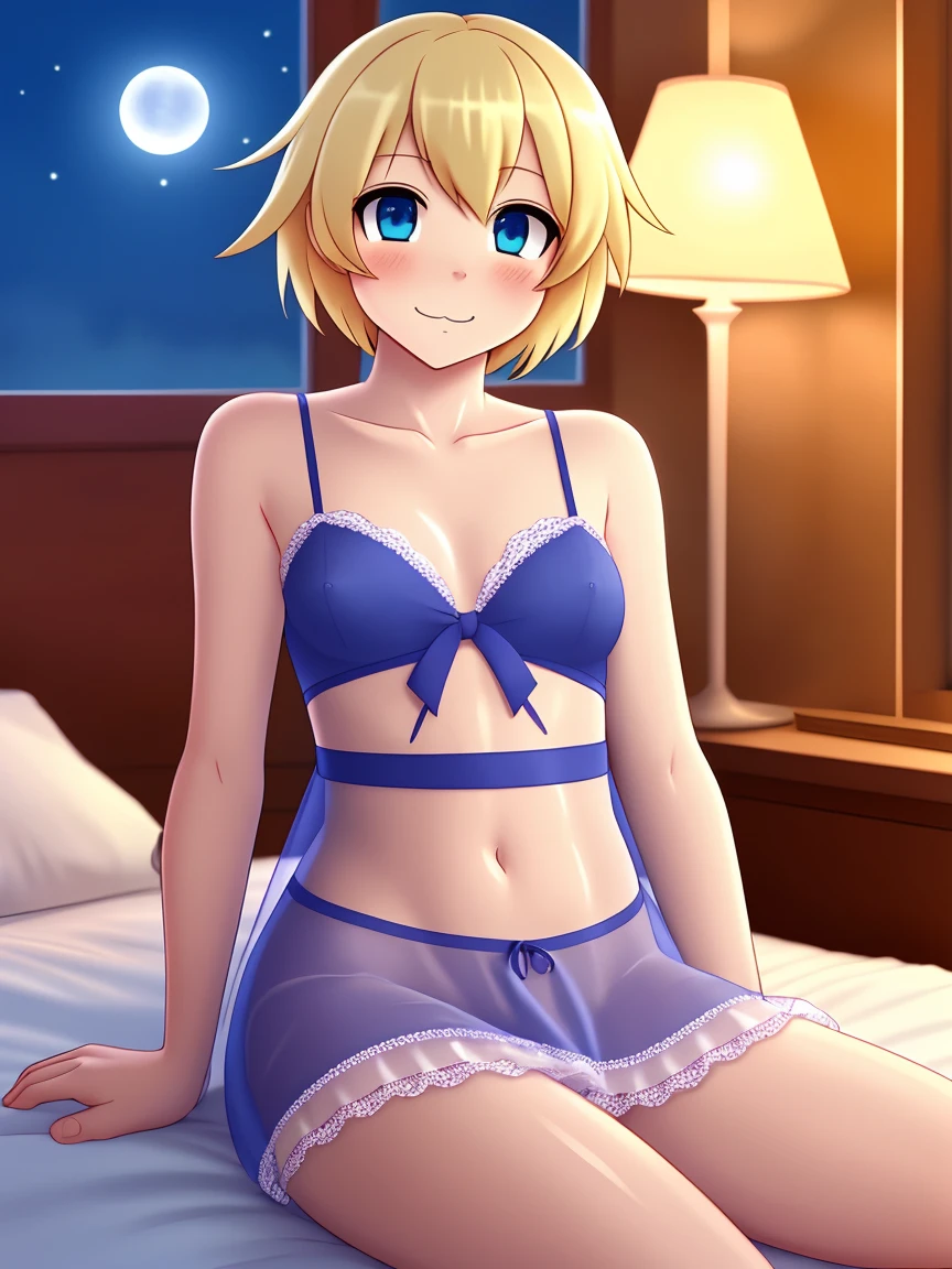 crossdressing, anime, beauty, small breasts, short hair, blonde hair, blue eyes, woman sleepwear, negligee, bedroom, sit, night,