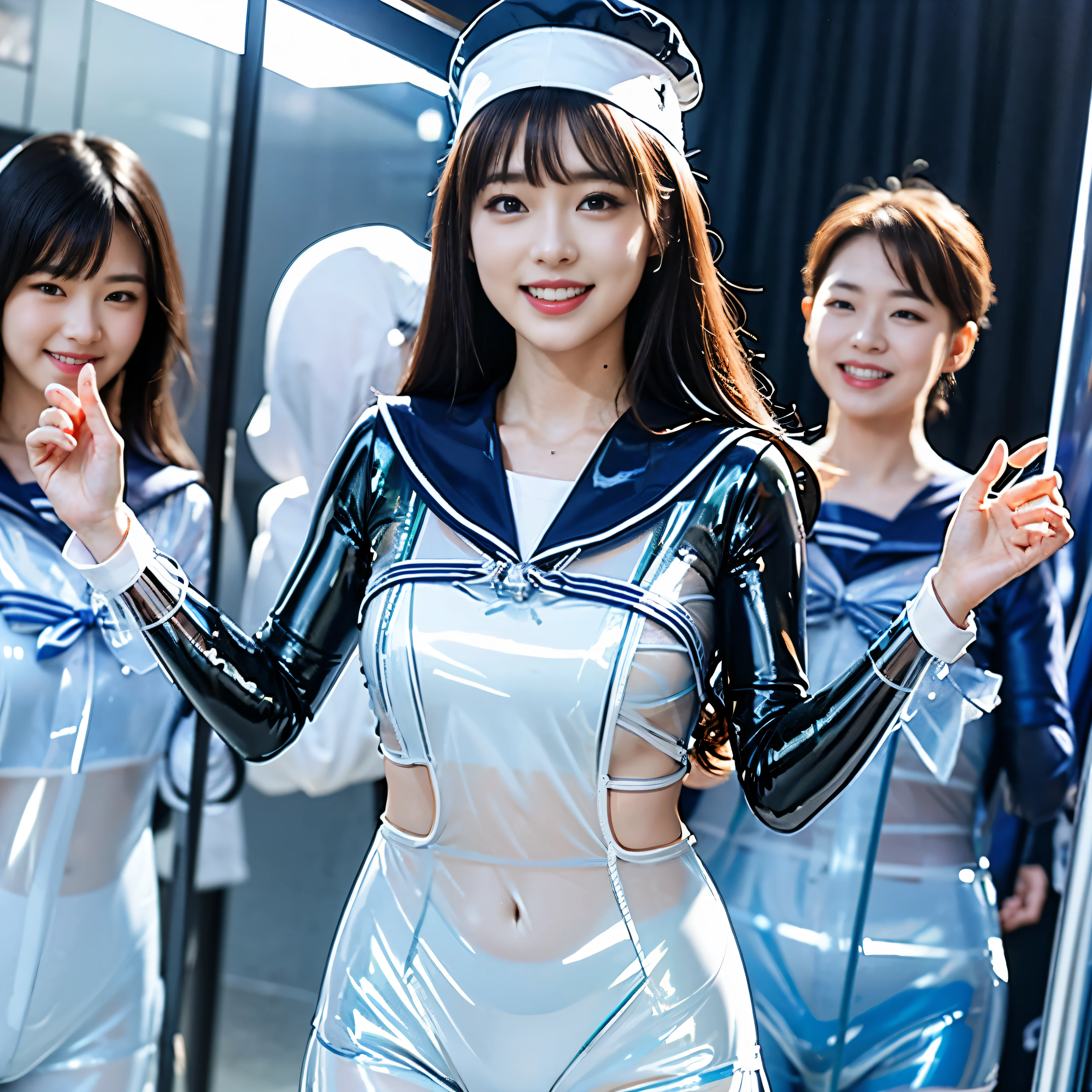 A young and beautiful woman、very beautiful、Top Idol、(Concert)、Euphoric look、smile、sweating、Dance hard、Hair is moving、((Tight transparent latex sailor suit:1.45))、(ribbon、Sailor Hat)、Spotlight、View your viewers、cr1r3