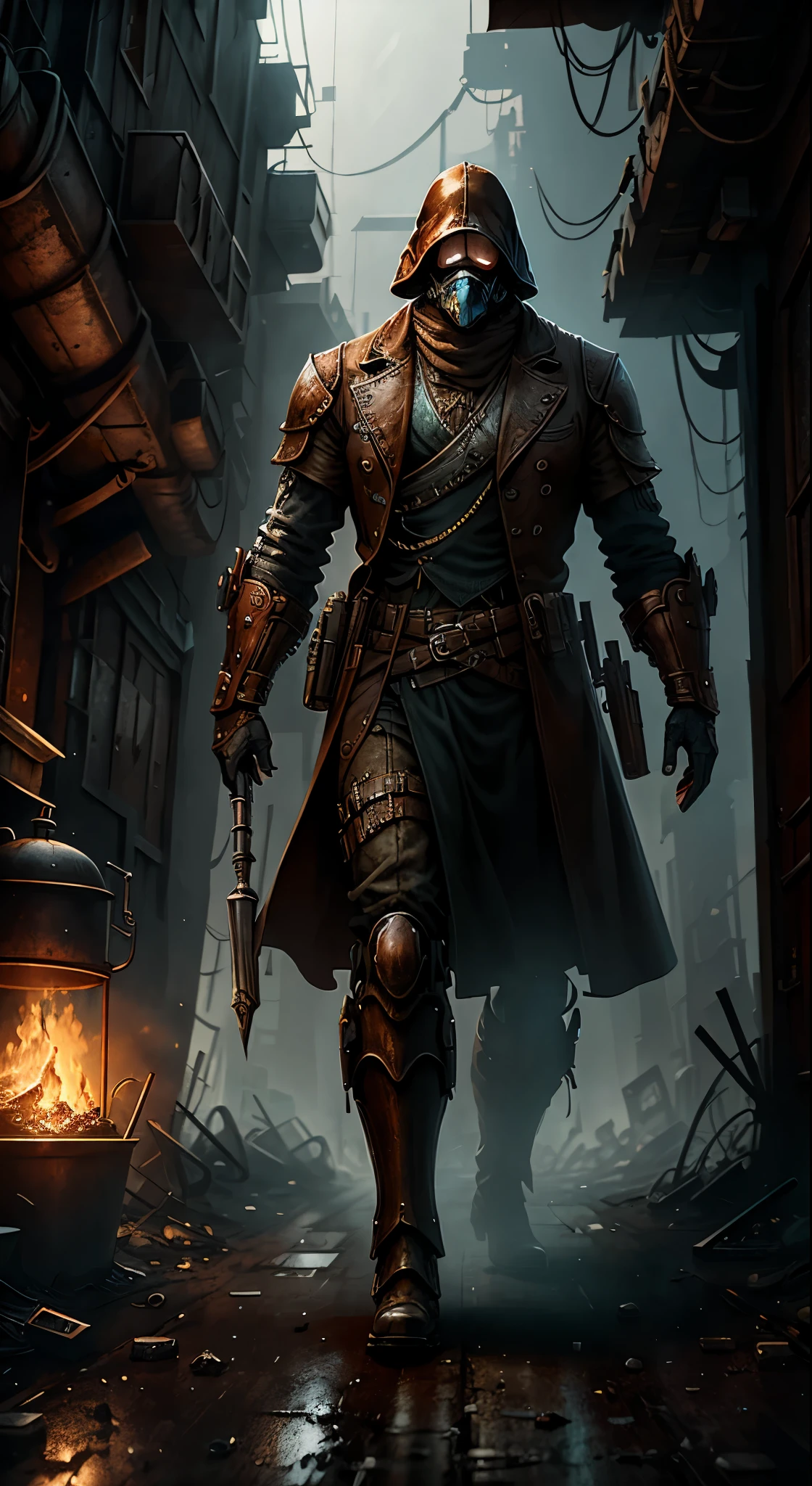 In the grimdark steampunk fantasy, an awe-inspiring cinematic unfolds on the screen of a PS4 game. The scene is set in a desolate, gray wasteland, where the air is thick with the scent of rust and oil. A man and a woman, both clad in worn-out leather coats, walk determinedly in front of a group of towering, industrial robots. The man, known as "Pig," wears a worn-out hat, its brim covering one eye, while the woman, an ox of a figure with muscles ripping beneath her clothing, remains unphased by the surrounding dystopia.

The atmosphere is eerily