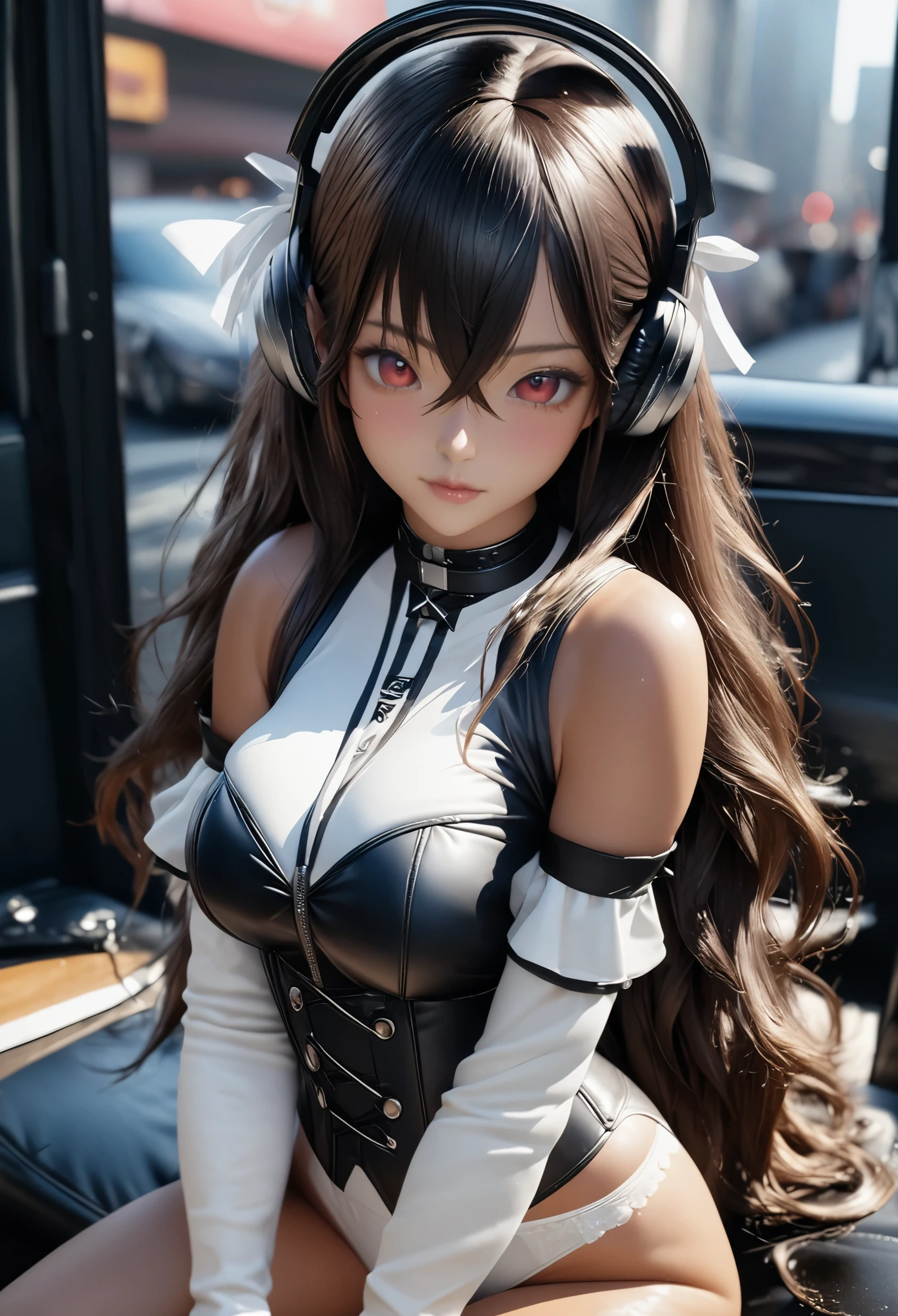 (masterpiece:1.3), (8K、photorealistic, Raw photo, best quality:1.4), Drawing a person using line art、Intricate details、High resolution、Depth Field、Natural light、Professional Lighting, (1 girl), (solo), (cute:1.2)、Very beautiful 18 year old manga girl、 Photorealistic anime girl rendering, Realistic anime 3d style, beautiful silver long hair, crossed bangs, asymmetrical bangs, Put out your ears、eyelash、Red eyes、Charm、(Big natural breast), (perfect anatomy), (hair ribbon, one-piece tan, clothes, detached sleeves, corset, frills, white panties), ((flered skirt)), (Sophisticated headphones)、glowing skin, (high detail skin: 1.2), (Futuristic luxury car interior、Sitting in a car seat、Lift your legs、Spread your legs)、(short boots)、(Sexy Girl:1.2)、Red sunset clouds、it&#39;s raining、A decadent and futuristic city area at night、(cyber punk)、(futuristic car、Flashing red light)、Soft Light、Bright colors、