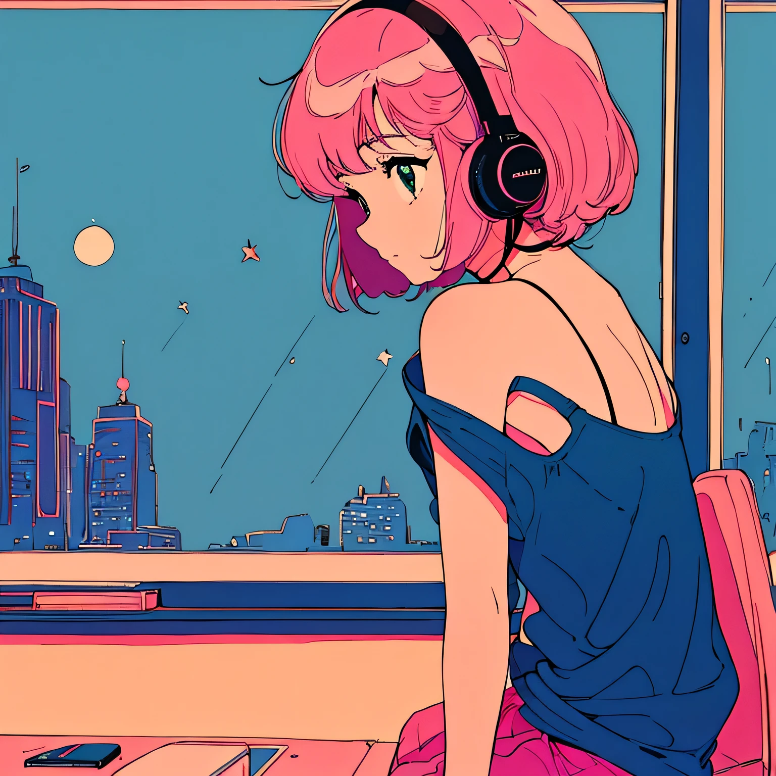 Anime girl with headphones sitting on a bed looking out a window ...