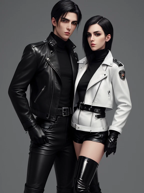 Final Fantasy-style graphics, young, Cute and cool Japanese boys and girls, Both have thin eyebrows and large eyes,  Both are wearing shiny white single-breasted leather jackets.。..。Biker style leather jacket、 with epaulettes,  The jacket is zipped up, The jacket pockets are black., The jacket has a high stand-up collar with a belt,They are both wearing black turtlenecks.., The man is wearing black leather pants、The girl is wearing black leather shorts and black pantyhose., Both of them are wearing thin black leather gloves.., The man was wearing long black leather lace-up boots.,、The girl is wearing black leather knee-high boots.、 Please show me your whole body, From head to toe., Final Fantasy Style、((Handsome))、((Beauty))、((Clear eyes and nose))、((Shiny white single leather jacket))、((Both jackets must be white.))((The jacket has epaulettes))、((The jacket has a high stand-up collar and a belt.))、((The jacket has a black pocket))、((Black turtleneck shirt))、((Man in shiny black leather pants))、((She&#39;s wearing shiny black leather shorts))、((Shiny black leather gloves on both handen&#39;s black lace-up leather long boots))、((The woman is wearing knee-high leather boots))、((Woman wearing black pantyhose))((View the whole body image from a distance))、Realistic image quality and texture、In a small cell、close your eyes、Has a gentle smile、((The jacket is closed with a zipper))、((No exposed skin below the neck))、((The two stand side by side))、