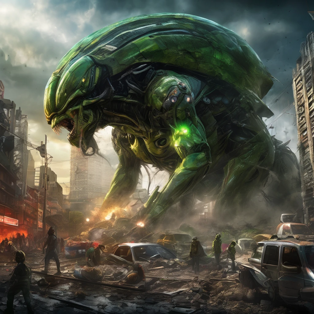 An alien city lies in ruins, Omni Man (from series Invincible) in torn and ragged uniform, smeared with green blood, angry look on his face, other superheroes battling against monstrous creatures, buildings crumbling and smoke rising in the background, vibrant colors and high contrast, dramatic lighting, surreal and post-apocalyptic atmosphere, dynamic brushstrokes creating a sense of movement and chaos, intricate details capturing the destroyed architecture and alien technology, epic scale with massive structures towering over the scene, cityscape stretching into the horizon, intense emotions and tension depicted through facial expressions and body language, cinematic composition invoking a sense of awe and despair, otherworldly creatures lurking in the shadows, energy bolts and explosions filling the sky, dark and ominous color palette adding to the sense of danger, remnants of civilization hinting at a rich history and advanced society, a sense of both beauty and destruction, evoking a mix of wonder and fear. (best quality, 4k, 8k, highres, masterpiece:1.2), ultra-detailed, (realistic, photorealistic, photo-realistic:1.37), HDR, UHD, studio lighting, ultra-fine painting, sharp focus, physically-based rendering, extreme detail description, professional, vivid colors, bokeh, portraits, concept artists.