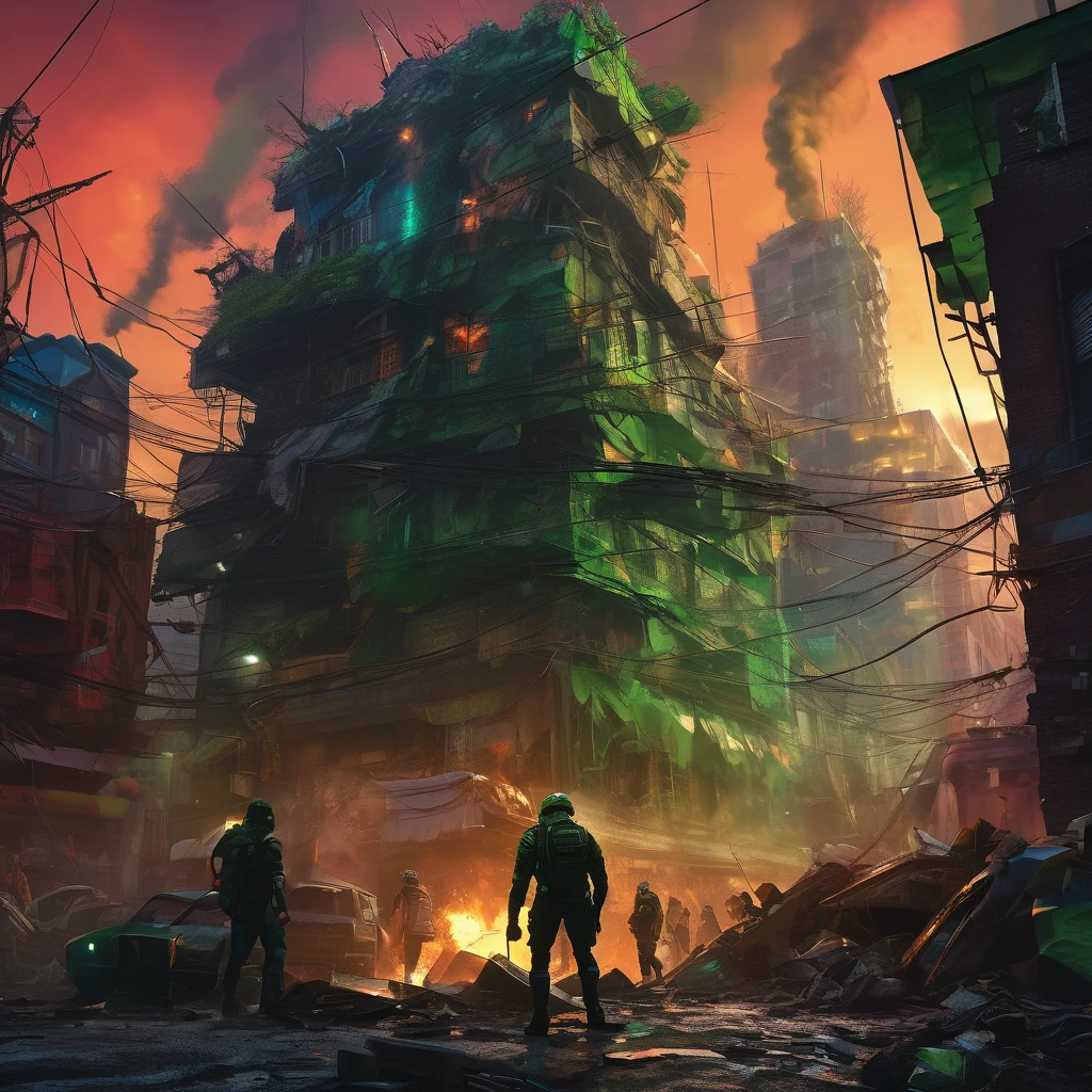 An alien city lies in ruins, Omni Man (from series Invincible) in torn and ragged uniform, smeared with green blood, angry look on his face, other superheroes battling against monstrous creatures, buildings crumbling and smoke rising in the background, vibrant colors and high contrast, dramatic lighting, surreal and post-apocalyptic atmosphere, dynamic brushstrokes creating a sense of movement and chaos, intricate details capturing the destroyed architecture and alien technology, epic scale with massive structures towering over the scene, cityscape stretching into the horizon, intense emotions and tension depicted through facial expressions and body language, cinematic composition invoking a sense of awe and despair, otherworldly creatures lurking in the shadows, energy bolts and explosions filling the sky, dark and ominous color palette adding to the sense of danger, remnants of civilization hinting at a rich history and advanced society, a sense of both beauty and destruction, evoking a mix of wonder and fear. (best quality, 4k, 8k, highres, masterpiece:1.2), ultra-detailed, (realistic, photorealistic, photo-realistic:1.37), HDR, UHD, studio lighting, ultra-fine painting, sharp focus, physically-based rendering, extreme detail description, professional, vivid colors, bokeh, portraits, concept artists.