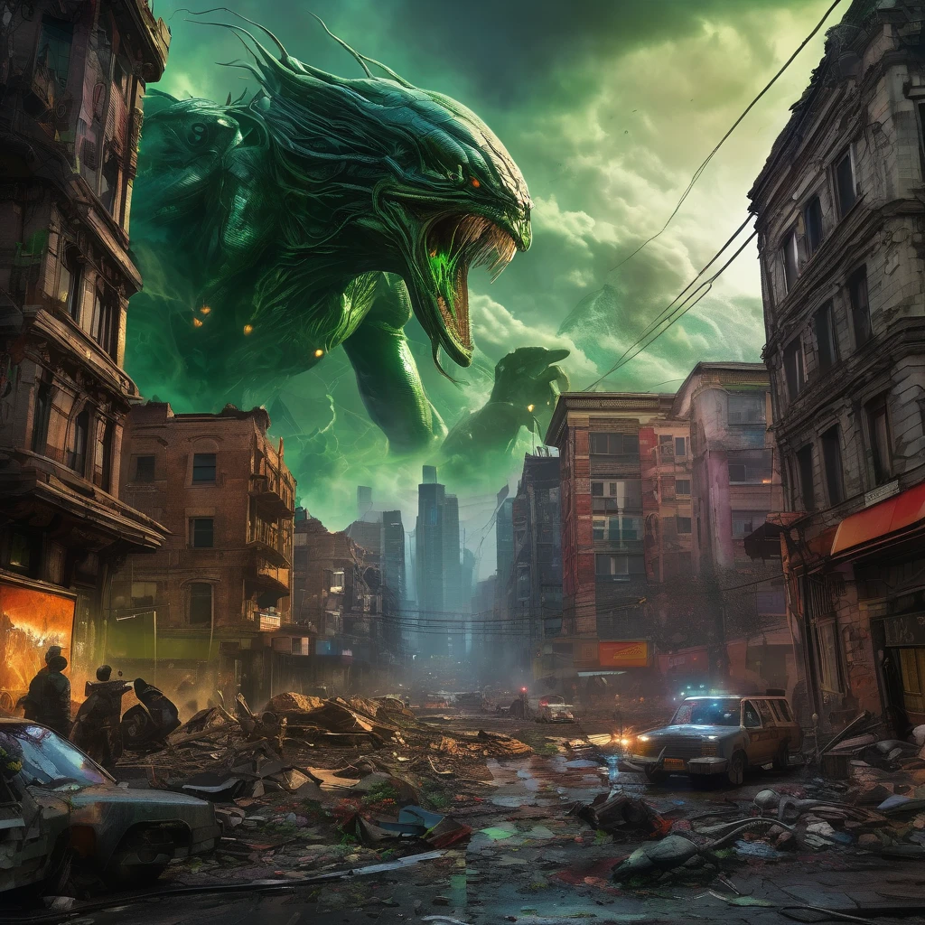 An alien city lies in ruins, Omni Man (from series Invincible) in torn and ragged uniform, smeared with green blood, angry look on his face, other superheroes battling against monstrous creatures, buildings crumbling and smoke rising in the background, vibrant colors and high contrast, dramatic lighting, surreal and post-apocalyptic atmosphere, dynamic brushstrokes creating a sense of movement and chaos, intricate details capturing the destroyed architecture and alien technology, epic scale with massive structures towering over the scene, cityscape stretching into the horizon, intense emotions and tension depicted through facial expressions and body language, cinematic composition invoking a sense of awe and despair, otherworldly creatures lurking in the shadows, energy bolts and explosions filling the sky, dark and ominous color palette adding to the sense of danger, remnants of civilization hinting at a rich history and advanced society, a sense of both beauty and destruction, evoking a mix of wonder and fear. (best quality, 4k, 8k, highres, masterpiece:1.2), ultra-detailed, (realistic, photorealistic, photo-realistic:1.37), HDR, UHD, studio lighting, ultra-fine painting, sharp focus, physically-based rendering, extreme detail description, professional, vivid colors, bokeh, portraits, concept artists.