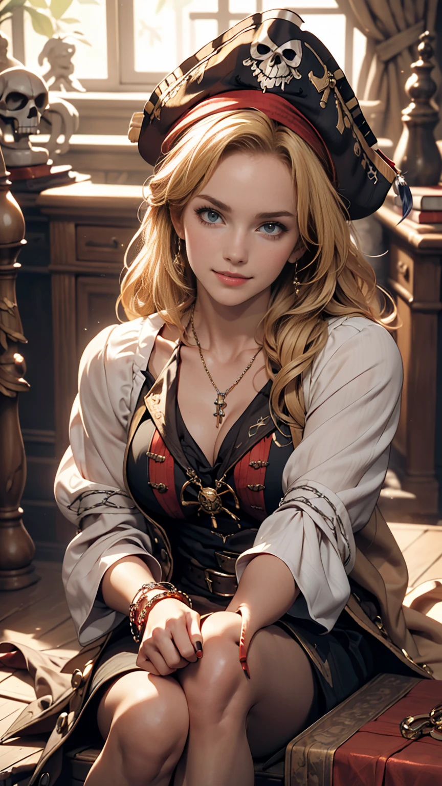 ((最high quality, 8K, masterpiece: 1.3, Ultra HD, high quality, 最high quality, High resolution, realism)) 、A 22-year-old extremely beautiful white woman、Slender figure、Hair color blonde、blue eyeedium Hair、Straight Hair、smile、Background blur((depth of field))、Aerial perspective((atmospheric perspective))、I want my head to stay off screen、Put an anklet on your ankle、Wearing red nail polish、I have a peticure、Slender body、Pirate Blouse((pirate blouse))Wear、Pirates of the Caribbean