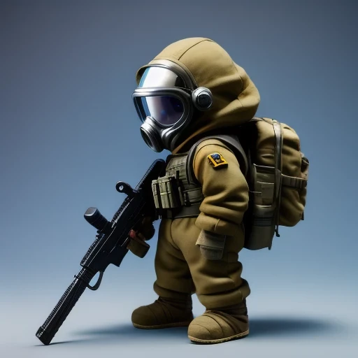 （（side angle））Alafud Soldier with gas mask and gun, Sanya Toys, Guerrilla, vinyl toy figurine, Highly detailed toys, Future combat equipment, Stop motion vinyl characters, Soldier, Marmoset Rendering, camouflage equipment, Octane Rendering”, Octane Rendering ”, Ninja, Vinyl Action Figures, Personagem pequeno. Unreal Engine 5,(((Pure cotton plush)))