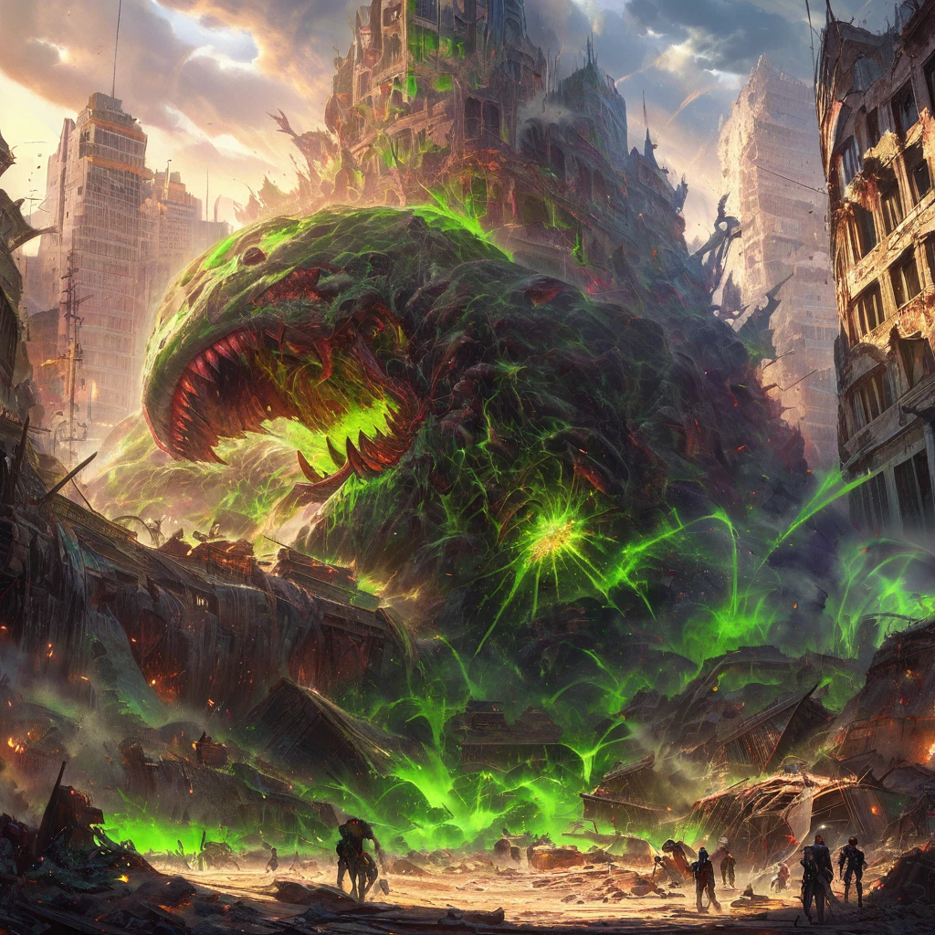An alien city lies in ruins, Omni Man (from series Invincible) in torn and ragged uniform, smeared with green blood, angry look on his face, other superheroes battling against monstrous creatures, buildings crumbling and smoke rising in the background, vibrant colors and high contrast, dramatic lighting, surreal and post-apocalyptic atmosphere, dynamic brushstrokes creating a sense of movement and chaos, intricate details capturing the destroyed architecture and alien technology, epic scale with massive structures towering over the scene, cityscape stretching into the horizon, intense emotions and tension depicted through facial expressions and body language, cinematic composition invoking a sense of awe and despair, otherworldly creatures lurking in the shadows, energy bolts and explosions filling the sky, dark and ominous color palette adding to the sense of danger, remnants of civilization hinting at a rich history and advanced society, a sense of both beauty and destruction, evoking a mix of wonder and fear. (best quality, 4k, 8k, highres, masterpiece:1.2), ultra-detailed, (realistic, photorealistic, photo-realistic:1.37), HDR, UHD, studio lighting, ultra-fine painting, sharp focus, physically-based rendering, extreme detail description, professional, vivid colors, bokeh, portraits, concept artists.