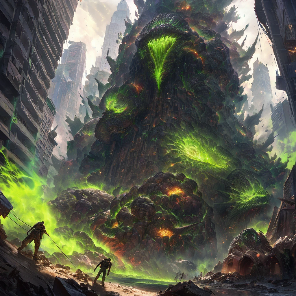 An alien city lies in ruins, Omni Man (from series Invincible) in torn and ragged uniform, smeared with green blood, angry look on his face, other superheroes battling against monstrous creatures, buildings crumbling and smoke rising in the background, vibrant colors and high contrast, dramatic lighting, surreal and post-apocalyptic atmosphere, dynamic brushstrokes creating a sense of movement and chaos, intricate details capturing the destroyed architecture and alien technology, epic scale with massive structures towering over the scene, cityscape stretching into the horizon, intense emotions and tension depicted through facial expressions and body language, cinematic composition invoking a sense of awe and despair, otherworldly creatures lurking in the shadows, energy bolts and explosions filling the sky, dark and ominous color palette adding to the sense of danger, remnants of civilization hinting at a rich history and advanced society, a sense of both beauty and destruction, evoking a mix of wonder and fear. (best quality, 4k, 8k, highres, masterpiece:1.2), ultra-detailed, (realistic, photorealistic, photo-realistic:1.37), HDR, UHD, studio lighting, ultra-fine painting, sharp focus, physically-based rendering, extreme detail description, professional, vivid colors, bokeh, portraits, concept artists.
