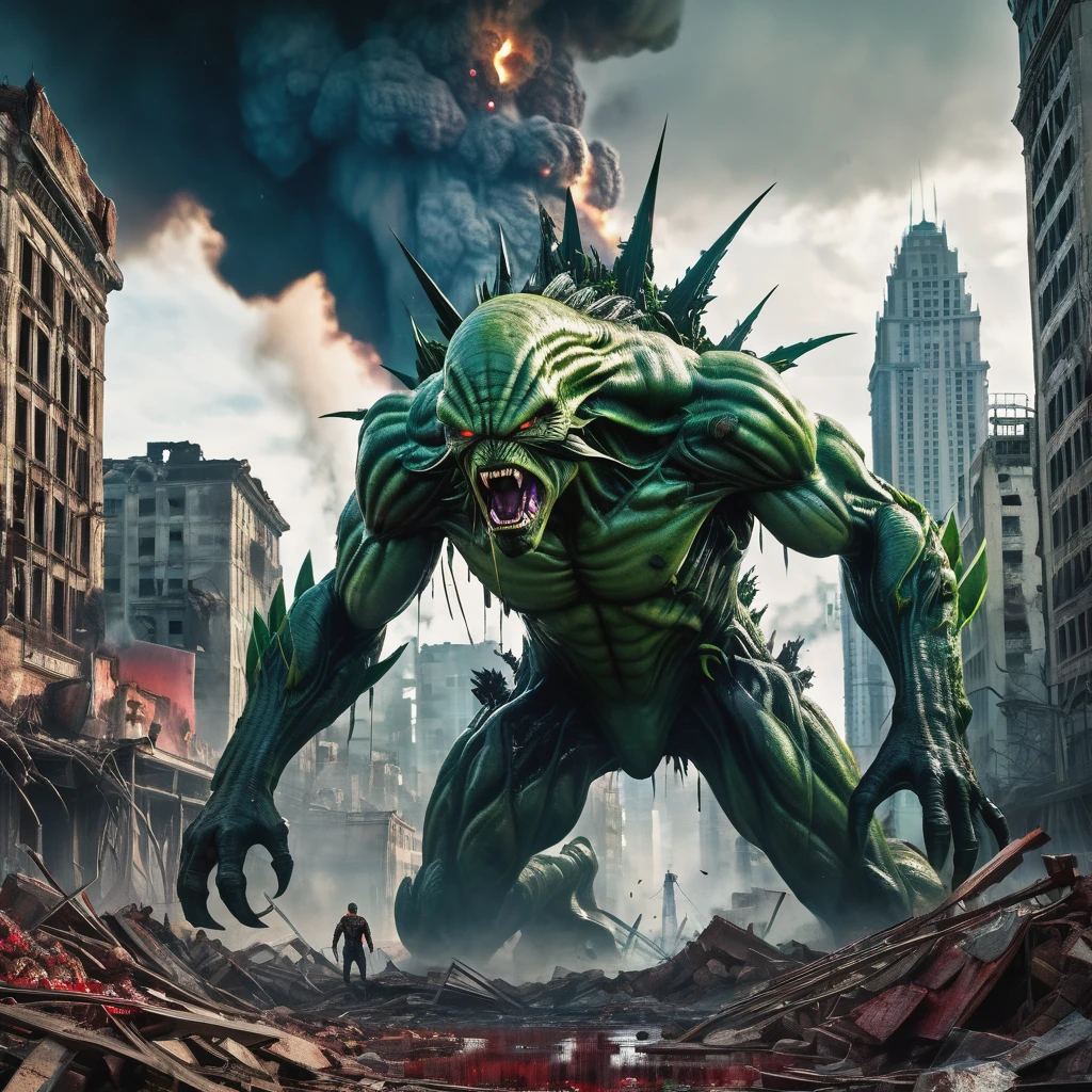 An alien city lies in ruins, Omni Man (from series Invincible) in torn and ragged uniform, smeared with green blood, angry look on his face, other superheroes battling against monstrous creatures, buildings crumbling and smoke rising in the background, vibrant colors and high contrast, dramatic lighting, surreal and post-apocalyptic atmosphere, dynamic brushstrokes creating a sense of movement and chaos, intricate details capturing the destroyed architecture and alien technology, epic scale with massive structures towering over the scene, cityscape stretching into the horizon, intense emotions and tension depicted through facial expressions and body language, cinematic composition invoking a sense of awe and despair, otherworldly creatures lurking in the shadows, energy bolts and explosions filling the sky, dark and ominous color palette adding to the sense of danger, remnants of civilization hinting at a rich history and advanced society, a sense of both beauty and destruction, evoking a mix of wonder and fear. (best quality, 4k, 8k, highres, masterpiece:1.2), ultra-detailed, (realistic, photorealistic, photo-realistic:1.37), HDR, UHD, studio lighting, ultra-fine painting, sharp focus, physically-based rendering, extreme detail description, professional, vivid colors, bokeh, portraits, concept artists.