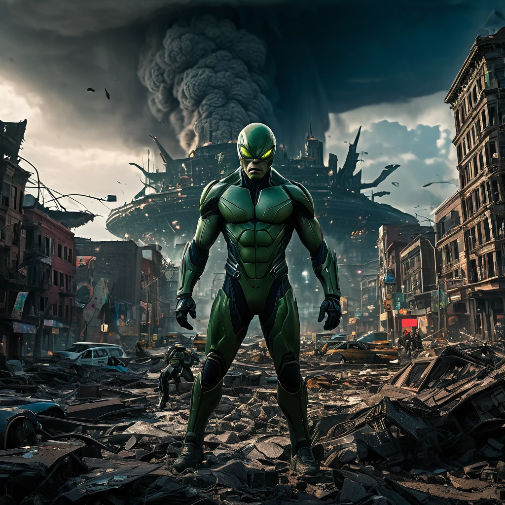 An alien city lies in ruins, Omni Man (from series Invincible) in torn and ragged uniform, smeared with green blood, angry look on his face, other superheroes battling against monstrous creatures, buildings crumbling and smoke rising in the background, vibrant colors and high contrast, dramatic lighting, surreal and post-apocalyptic atmosphere, dynamic brushstrokes creating a sense of movement and chaos, intricate details capturing the destroyed architecture and alien technology, epic scale with massive structures towering over the scene, cityscape stretching into the horizon, intense emotions and tension depicted through facial expressions and body language, cinematic composition invoking a sense of awe and despair, otherworldly creatures lurking in the shadows, energy bolts and explosions filling the sky, dark and ominous color palette adding to the sense of danger, remnants of civilization hinting at a rich history and advanced society, a sense of both beauty and destruction, evoking a mix of wonder and fear. (best quality, 4k, 8k, highres, masterpiece:1.2), ultra-detailed, (realistic, photorealistic, photo-realistic:1.37), HDR, UHD, studio lighting, ultra-fine painting, sharp focus, physically-based rendering, extreme detail description, professional, vivid colors, bokeh, portraits, concept artists.