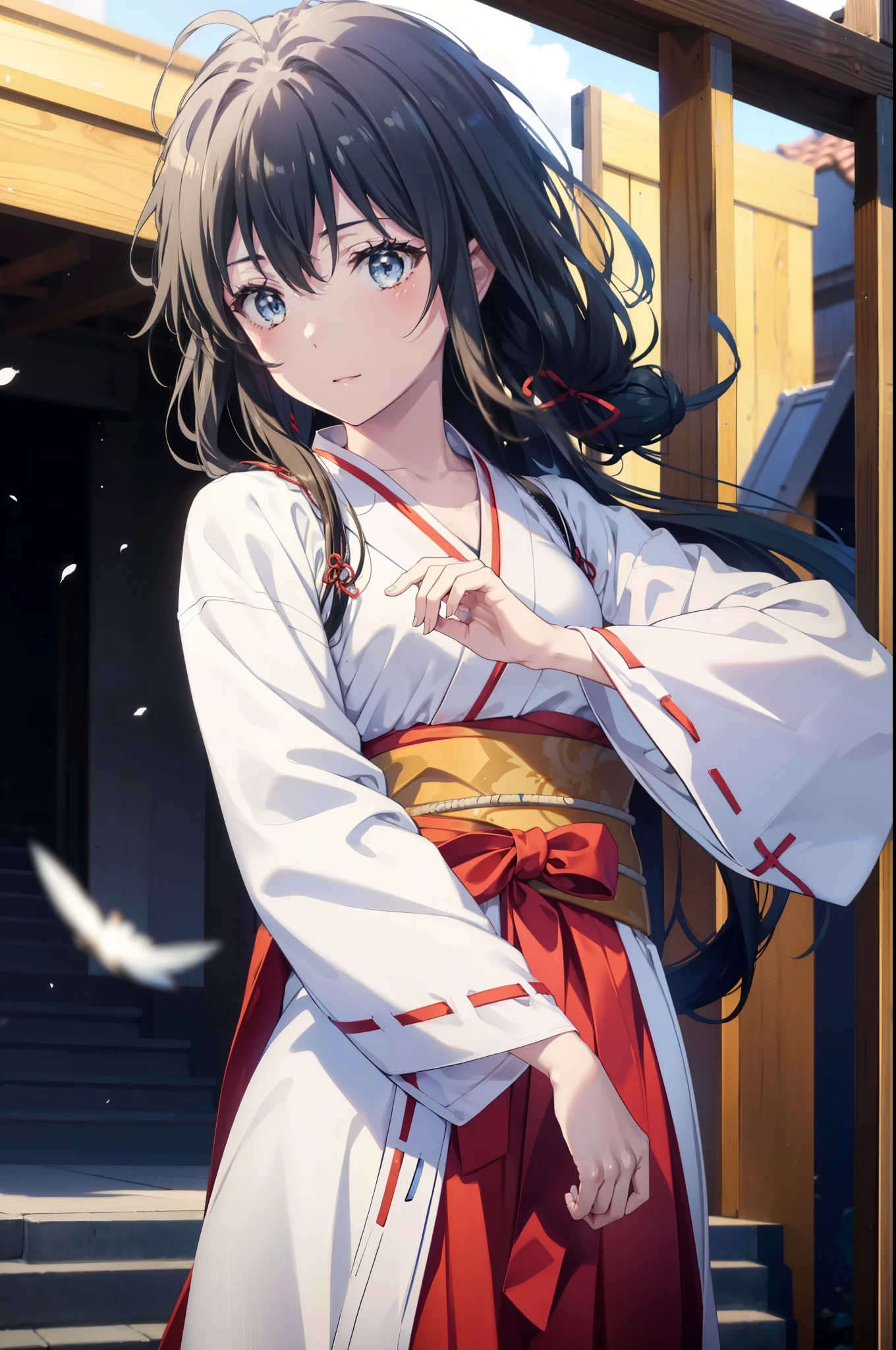 yukinoyukinoshita, Yukino yukinoshita, Black Hair, blue eyes, Long Hair,blush,smile,Open your mouth, Ahoge,Platycodon grandiflorum,Miko, White Kimono, red hakama,kimono, Thick sleeves, Long sleeve, Ribbon-trimmed sleeves, 
とてもLong Hair, Blunt bangs, Low ponytail, White tabi,Sandals,Daytime,Clear skies,whole bodyがイラストに入るように,
break outdoors, shrine,torii,
break looking at viewer,whole body, (Cowboy Shot:1.5),
break (masterpiece:1.2), highest quality, High resolution, unity 8k wallpaper, (figure:0.8), (Beautiful fine details:1.6), Highly detailed face, Perfect lighting, Highly detailed CG, (Perfect hands, Perfect Anatomy),