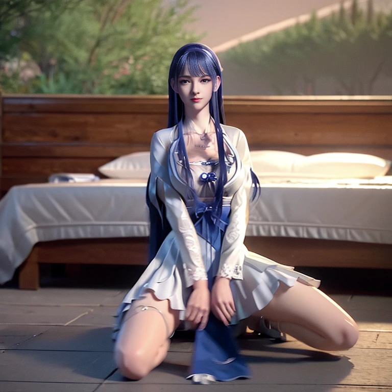 1 girl,Full body image, blue eyes, cleveage, Gloves, Headgear, skirt, Long hair, 白Gloves, Bare shoulders, open mouth, Large Breasts, Strapless, Necklace, blush, White skirt, Black Hair, Brown hair, Hair between the eyes, Strapless skirt, clavicle, Lower abdomen is flat and smooth,Slender and slender legs,Bangs,Kneeling on the bed,Bokeh