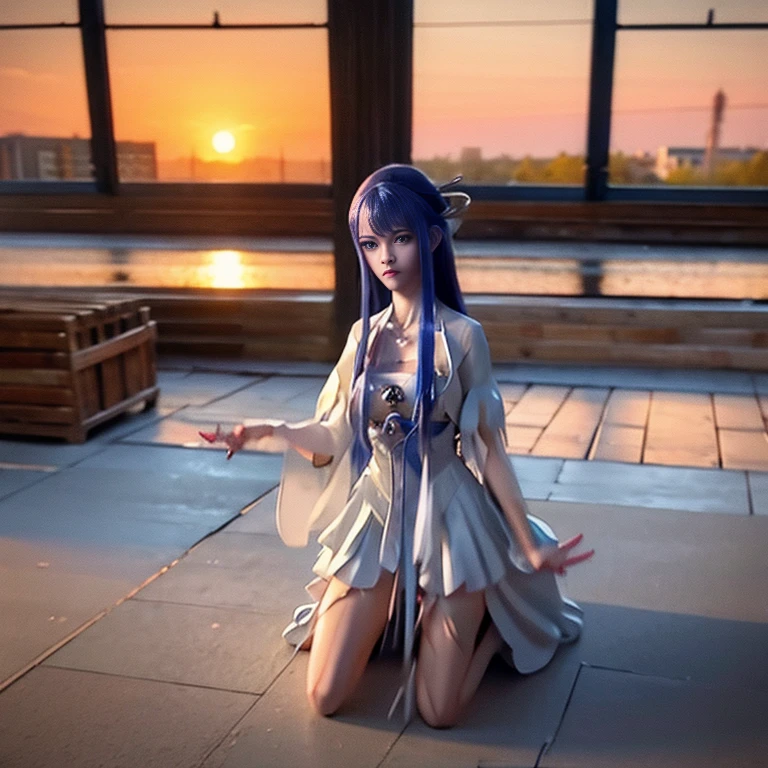 1 girl,Full body image, blue eyes, cleveage, Gloves, Headgear, skirt, Long hair, 白Gloves, Bare shoulders, open mouth, Large Breasts, Strapless, Necklace, blush, White skirt, Black Hair, Brown hair, Hair between the eyes, Strapless skirt, clavicle, Lower abdomen is flat and smooth,Slender and slender legs,Bangs,Kneeling on the bed,Bokeh