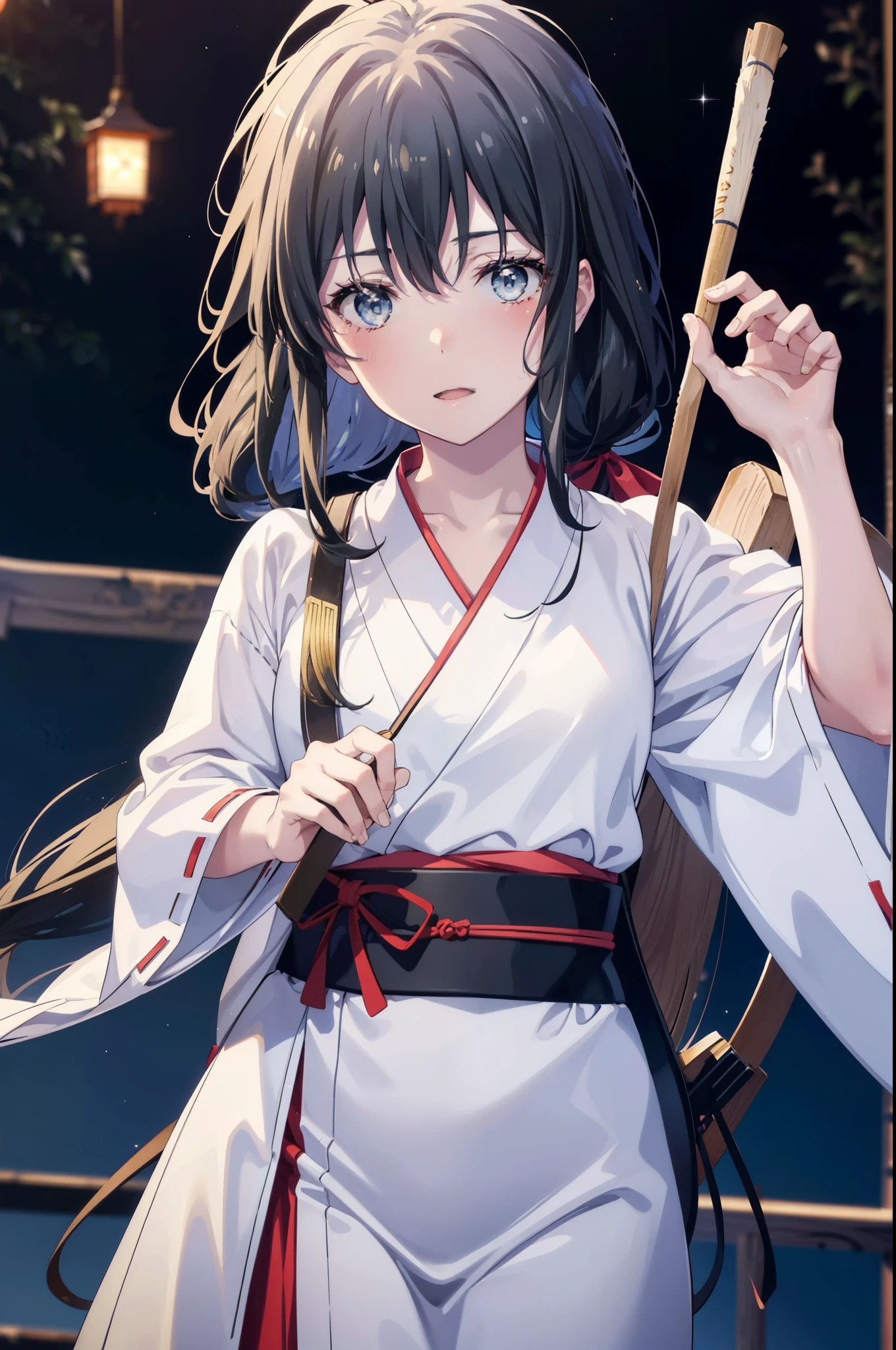 yukinoyukinoshita, Yukino yukinoshita, Black Hair, blue eyes, Long Hair,blush,smile,Open your mouth, Ahoge,Platycodon grandiflorum,Miko, White Kimono, red hakama,kimono, Thick sleeves, Long sleeve, Ribbon-trimmed sleeves, 
とてもLong Hair, Blunt bangs, Low ponytail, White tabi,Sandals,Daytime,Clear skies,whole bodyがイラストに入るように,
break outdoors, shrine,torii,
break looking at viewer,whole body, (Cowboy Shot:1.5),
break (masterpiece:1.2), highest quality, High resolution, unity 8k wallpaper, (figure:0.8), (Beautiful fine details:1.6), Highly detailed face, Perfect lighting, Highly detailed CG, (Perfect hands, Perfect Anatomy),