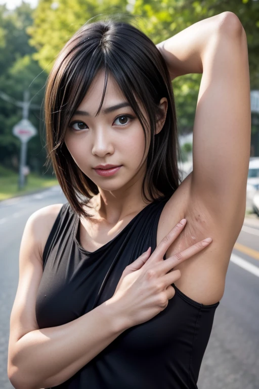 Tabletop,Awards - Winning Photos, Very detailed, Edge Orgasm, Deeply chiseled face、Tank top、A long nose with a pointed point,,,,,,,,,,,,,,,,,,,,,,,,strong nose、Long, narrow nostrils、Skin shiny with sweat、Lighting that accentuates the shine of sweat{Realistic nostrils}, Black-haired、Hiding behind a telegraph pole on the side of the road、there are many people behind me,There are several children nearby、well-shaped chest、expand the armpits, expand the armpits,