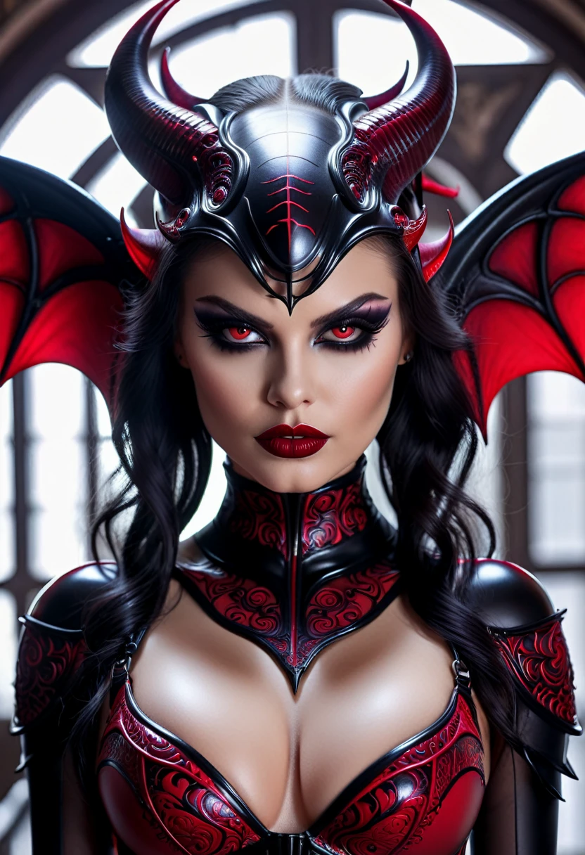 Hyper realistic hr giger tattooed devil girl, beautiful seductive facial expression, gorgeous perfect face, perfect ruby skin, large curled devil horns, think curved jet dark eyebrows, long luscious eyelashes, thick dark eyeliner, jet dark eye shadow, thick jet dark lipstick, , thin detailed little nose, high cheek bones, small areolas, small perky dark nipples, large voluptuous curved breasts, sexy seductive waist, seductive hips, demonic devil lingerie, large detailed demon wings, hyper realistic detailed neon ruby eyes,