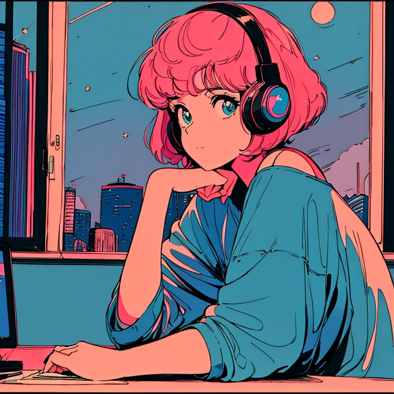 city pop style art, shoulder length pink Hair, fluffy bob cut, wearing headphones, Futuristic yet lofi, retro, master piece, (( side shot)), sitting at the desk and concentrating on studying, Laptop and coffee on the desk, (( midnight )), There are many stars outside the window) (( looking down ))