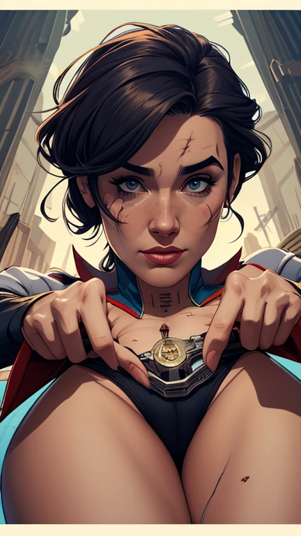 Woman character armed with a .38 revolver in atompunk western style Fallout 4 Jennifer Connelly le with scars of war Cartoon image of a woman .Ilustra??o estilo desenho animado, estilo de arte dos desenhos animados, estilo de arte dos desenhos animados, digital illustration style, estilo atompunk design de personagens altamente detalhado, arte digital detalhada coragem, Forest fan art, Design de personagens de retrato, beautiful digital illustration, retrato de alta qualidade, Arte em quadrinhos, mulher jovem cabelo com transas lindas . Queen Anna of ArendelleBeautiful lined eyes Medium large bust and wonderful sexy clothes. image expression of sexual desire from waist to head illustration Queen Anne of Arendelle atompunk style Fallout 4 The perspective is from below, enfatizando a majestade e o poder da Gigante." armed with a 38 western style revolver with a 38 revolver in her hands