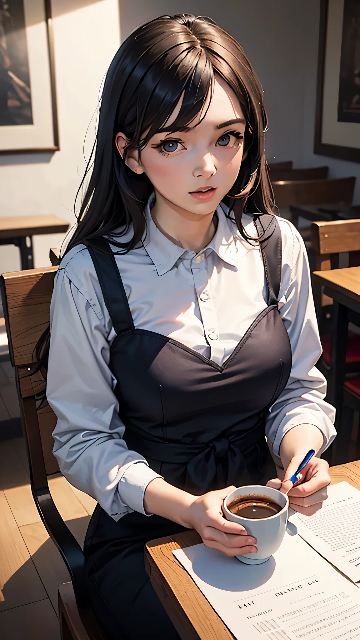 (raw photo:1.2),((photorealistic:1.4))best quality ,masterpiece, illustration, an extremely delicate and beautiful, extremely detailed ,unity ,8k wallpaper, Amazing, finely detail, masterpiece,best quality,official art,extremely detailed CG unity 8k wallpaper,absurdres, incredibly absurdres, huge filesize, ultra-detailed, highres, extremely detailed,beautiful detailed girl, extremely detailed eyes and face, beautiful detailed eyes,light on face,cinematic lighting,Masterpiece, high quality, 4K, beautiful design, shiny, from the front, award winning photo, extremely detailed, highly detailed woman, extremely detailed eyes and face,
Upper body shot,
upscale restaurant, sitting at a table, delicious dishes, coffee, coffee mug, coffee in hand to mouth,beautiful light.meal,eat,eating,eculation
edghanfu tiny waist,pencil_dress, a woman wearing a blue pencil_dress and a white blazer,