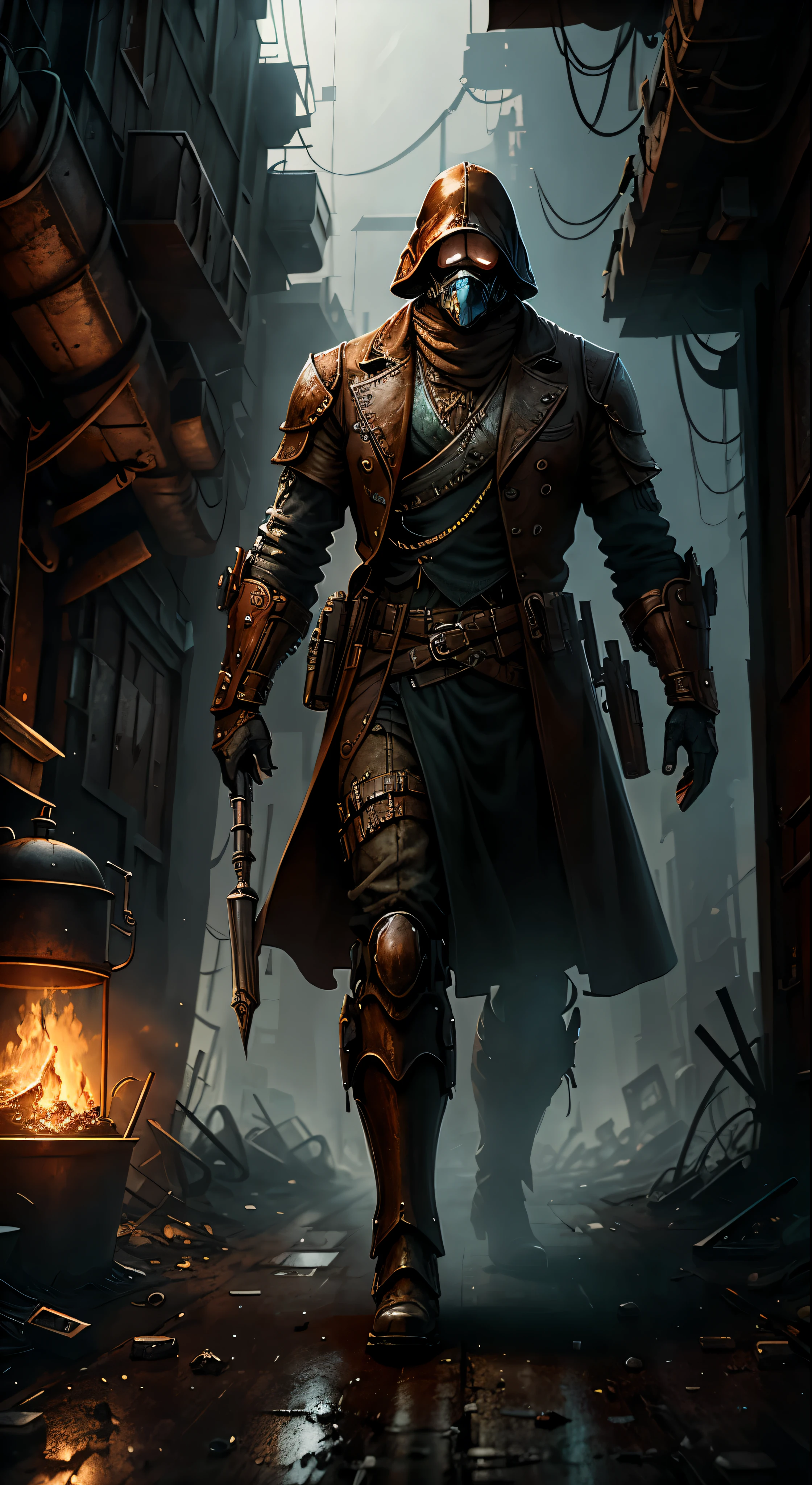 In the grimdark steampunk fantasy, an awe-inspiring cinematic unfolds on the screen of a PS4 game. The scene is set in a desolate, gray wasteland, where the air is thick with the scent of rust and oil. A man and a woman, both clad in worn-out leather coats, walk determinedly in front of a group of towering, industrial robots. The man, known as "Pig," wears a worn-out hat, its brim covering one eye, while the woman, an ox of a figure with muscles ripping beneath her clothing, remains unphased by the surrounding dystopia.

The atmosphere is eerily