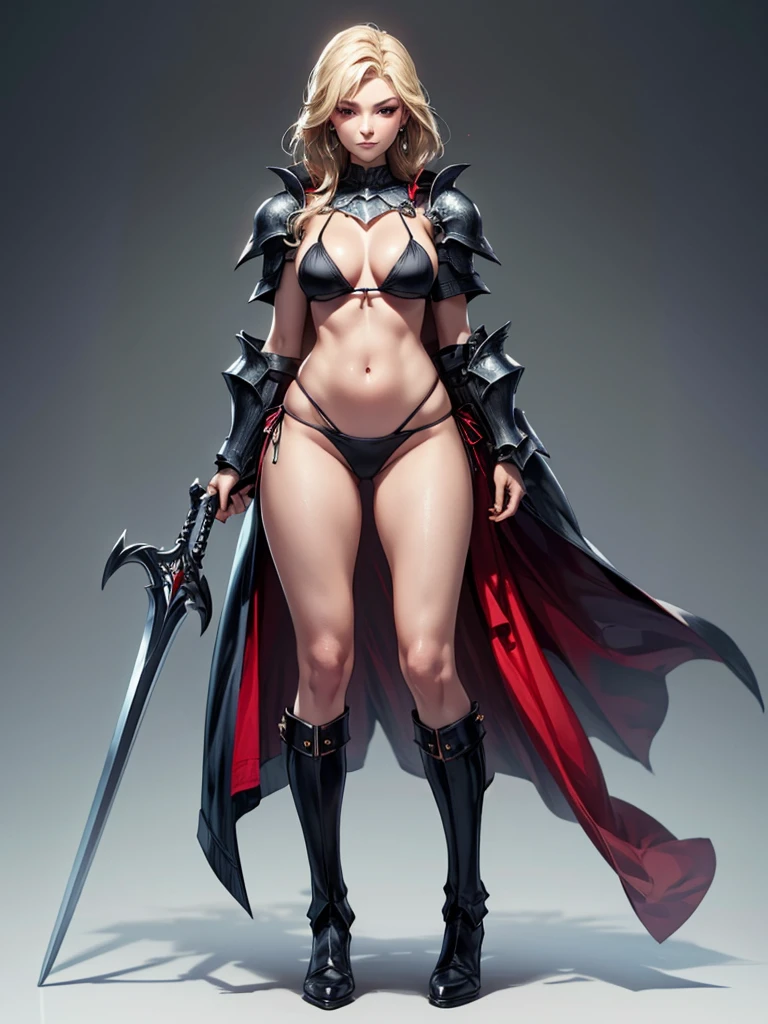 Voluptuous, Busty Blonde Female Dark Knight in ((((Black Full Plate Metal)) Bikini Armor)), Red Eyes, Thigh high Full Metal Plate Armored Boots. (((Full Body View))), Long hair, Messy bun, Wielding a Black Great Sword, (Red Cloak), (Red Pleated Skirt), detailed, perfect makeup, beautiful lips, large hoop earrings, (METAL bikini armor), No Helmet, (No Spikes), Tall girl, Long legs, (Solo, 1girl)
