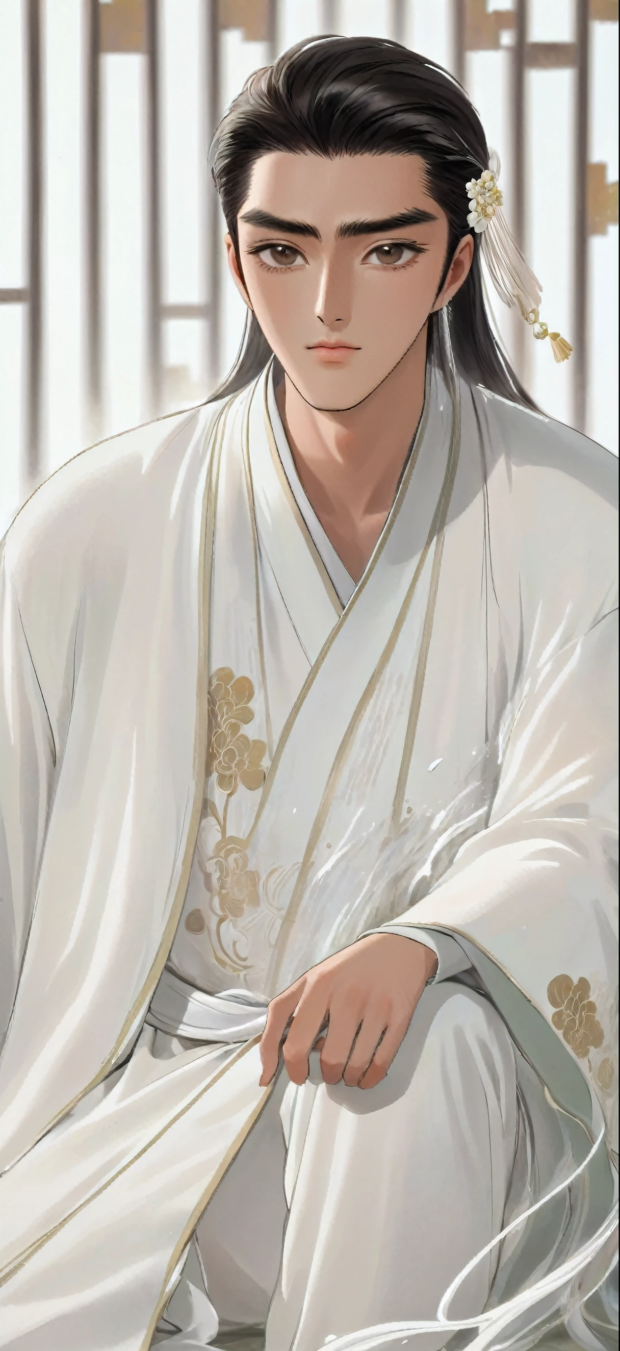 Close-up of person in white robe sitting, white robe, flowing white robe, White Hanfu, wearing white robe, inspired by Wu Daozi, Inspired by Han Gan, wearing white robe, Wearing a flowing robe, Wearing flowing robes, wearing white robes, Inspired by Zhang Han, Inspired by Zhu Derun