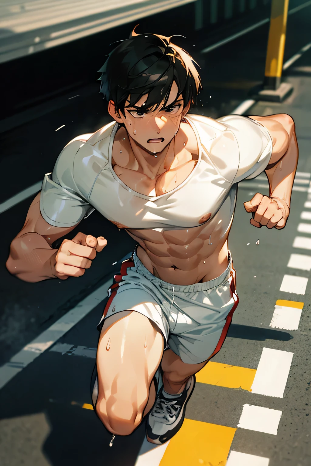 shirtless handsome manly short black hair caucasian male in white shorts, running shoes, sweat-drenched, soaking wet, drenched with sweat, sweating profusely, soaking wet with sweat, shirtless, running in the highway