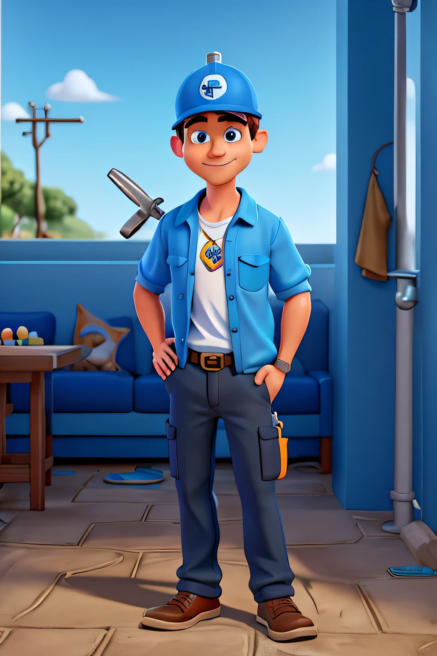 A Disney and Pixar style cartoon of an air conditioning service provider, with a cap and blue long-sleeved shirt and black pants with a wrench in his right hand and a mini-golf hanging on his shoulder. Como se ele estivesse esplicando alguma coisa a suguem