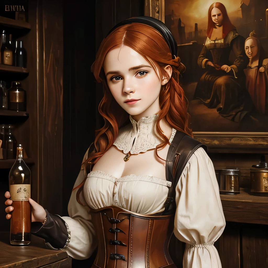 Oil painting of a medieval peasant woman, 16th century oil painting portrait, emma watson with redhair, irish ginger woman, leather corset, medieval tavern, oil painting filter