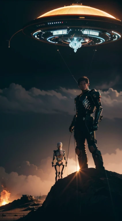 Best quality,Delicate face,25岁少女,Perfect body,Mechanical fuselage,skeleton,On the top of the mountain,stand up,Firestorm,Huge alien spaceship floating in the sky,Cyberpunk characters,Science Fiction