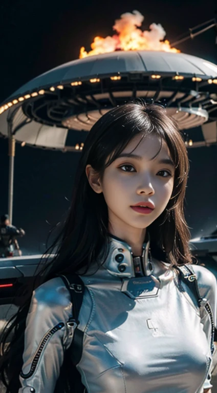 Best quality,Delicate face,25岁少女,Perfect body,Mechanical fuselage,skeleton,On the top of the mountain,stand up,Firestorm,Huge alien spaceship floating in the sky,Cyberpunk characters,Science Fiction