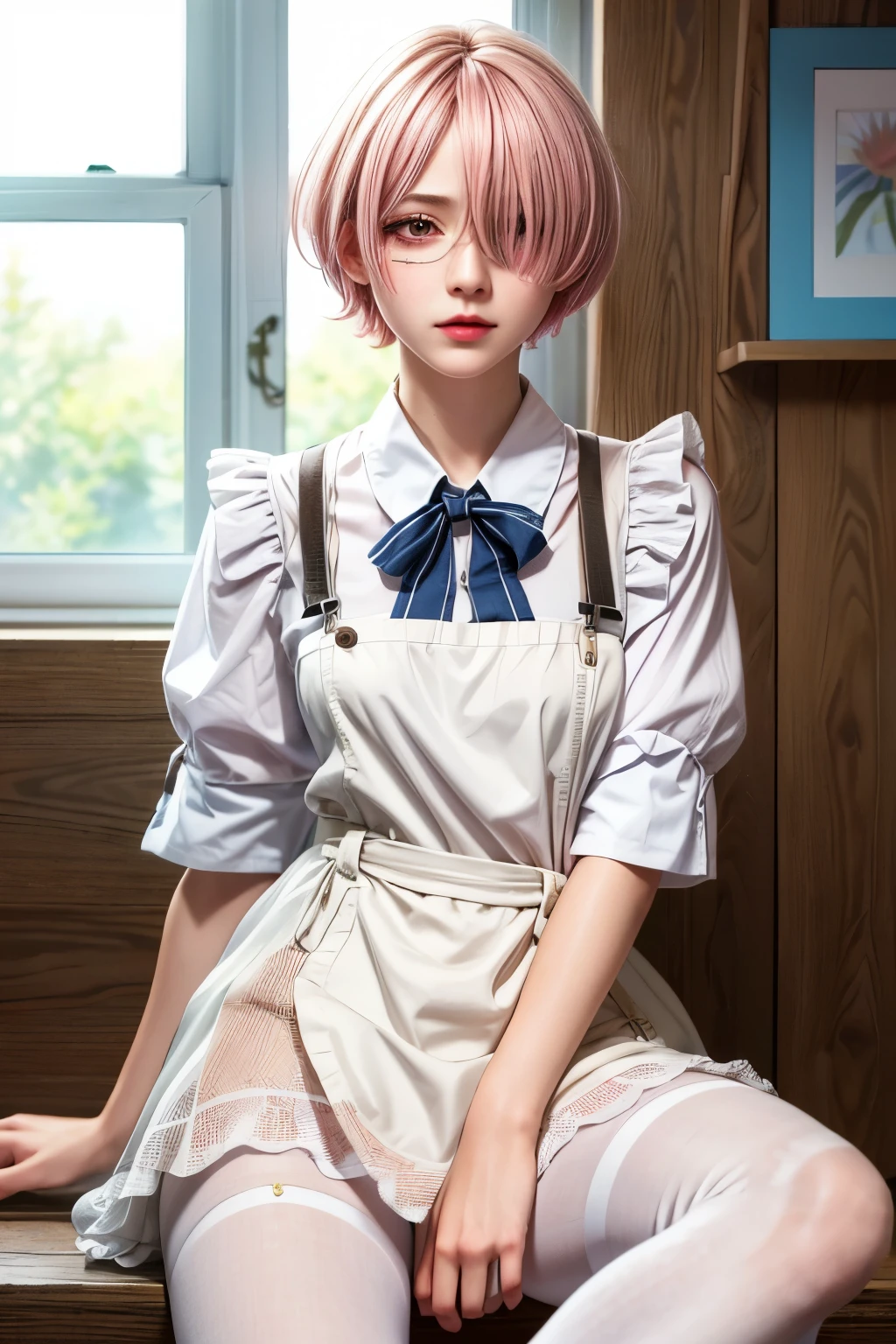 ((highest quality)), ((masterpiece)), figure, (detailed), One girl, Ram_Re:Zero, cute, Little, Sharp Eyes, Pink Hair:1.1, short hair, (Hair on one eye:1.3), Red eyes:1.2, roswaal apartment maid uniform, apron, (White Pantyhose:1.2), View your viewers, Upper Body, anger, Irritation, Sick of it, Glare, apartment, (High resolution:1.2),