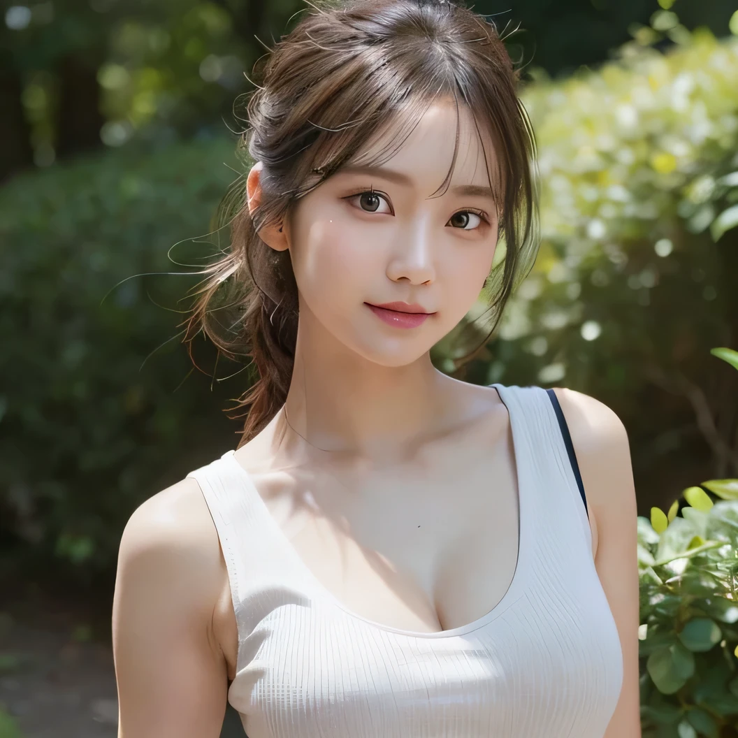 An innocent 20-year-old girl、((White tank top, Dramatic Pose)),smile,shortcut,natural Park、RAW Photos, (8k、highest quality、masterpiece:1.2)、(Intricate details:1.4)、(Photorealistic:1.4)、Octane Rendering、Complex 3D rendering with ultra-detail, Studio Soft Light, Rim Light, Vivid details, Super Detail, Realistic skin texture, Detailed aspect, Beautiful details in the eyes, Highly detailed CG Unity 16k wallpaper, compensate, (Detailed Background:1.2), Glowing Skin, whole body、Cleavage,((Standing with hands behind back、Leaning forward、Angle from above))