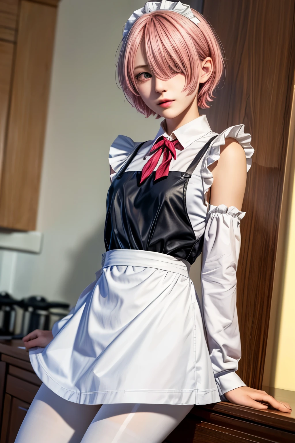 ((highest quality)), ((masterpiece)), figure, (detailed), One girl, Ram_Re:Zero, cute, Little, Sharp Eyes, Pink Hair:1.1, short hair, (Hair on one eye:1.3), Red eyes:1.2, roswaal apartment maid uniform, apron, (White Pantyhose:1.2), View your viewers, Upper Body, anger, Irritation, Sick of it, Glare, apartment, (High resolution:1.2),