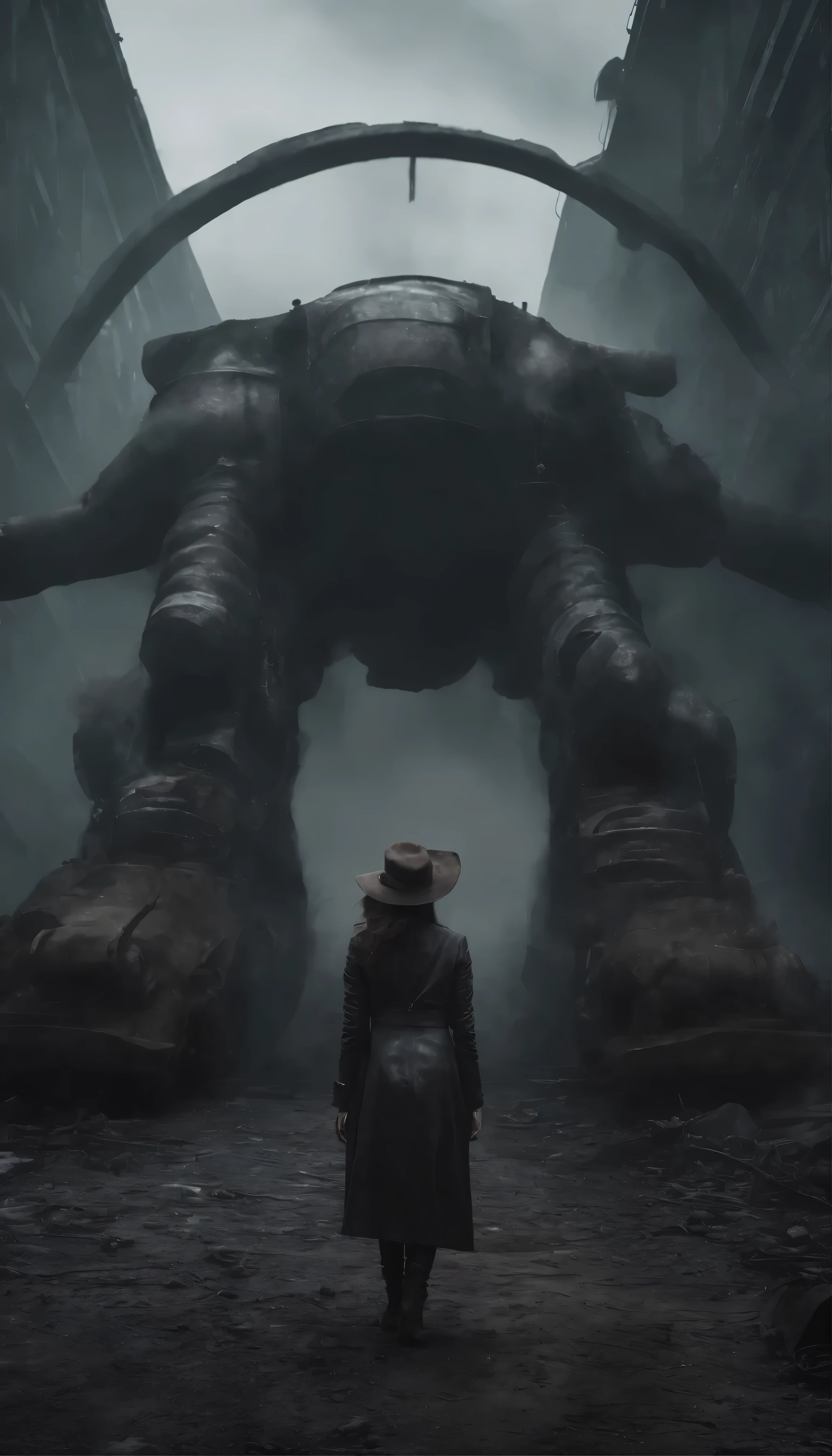 In a dark steampunk fantasy、Awe-inspiring movies unfold on screen in PS4 game。The setting is a desolate, grey wasteland、The air smells of rust and oil.。A man and a woman in worn leather coats、Walking determinedly in front of a towering group of industrial robots。「pig」The man called was wearing a worn out hat.、Cover one eye with saliva、The woman looked like a cow with ripped muscles under her clothes.、Unfazed by the dystopia around us。 There is an eerie atmosphere in the air