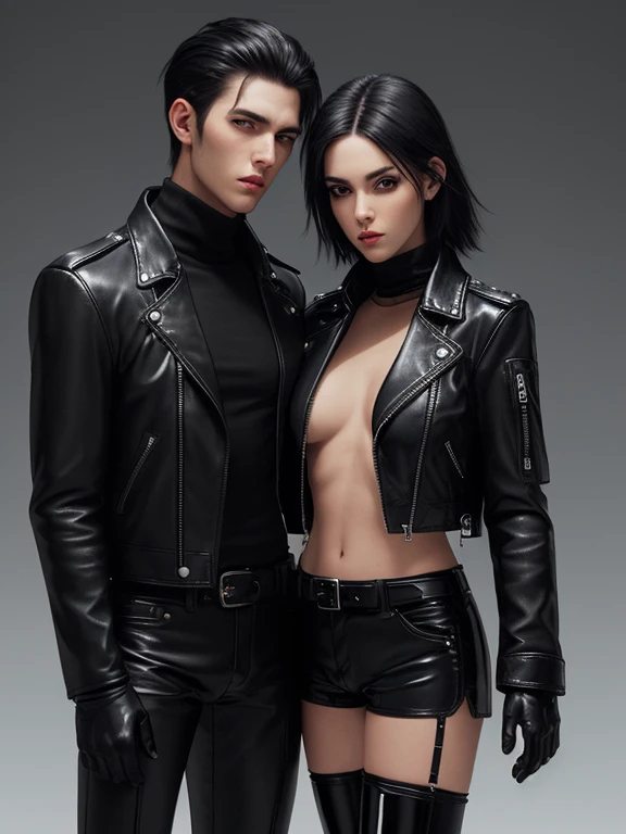 Final Fantasy-style graphics, young, Cute and cool Japanese boys and girls, Both have thin eyebrows and large eyes, Both are wearing shiny white single-breasted leather jackets.。..。Biker style leather jacket、 with epaulettes, The jacket is zipped up, The jacket pockets are black., The jacket has a high stand-up collar with a belt,They are both wearing black turtlenecks.., The man is wearing black leather pants、The girl is wearing black leather shorts and black pantyhose., Both of them are wearing thin black leather gloves.., The man was wearing long black leather lace-up boots.,、The girl is wearing black leather knee-high boots.、 Please show me your whole body, From head to toe., Final Fantasy Style、((Handsome))、((Beauty))、((Man and woman couple))、((Clear eyes and nose))、((Shiny white single leather jacket))、((Both jackets must be white.))((The jacket has epaulettes))、((The jacket has a high stand-up collar and a belt.))、((The jacket has a black pocket))、((Black turtleneck shirt))、((Man in shiny black leather pants))、((She's wearing shiny black leather shorts))、((Shiny black leather gloves on both handen's black lace-up leather long boots))、((The woman is wearing knee-high leather boots))、((Woman wearing black pantyhose))、((View the whole body image from a distance))、Realistic image quality and texture、In a small cell、close your eyes、Has a gentle smile、((The jacket is closed with a zipper))、((Neither of them have exposed skin below the neck.))、((The two stand side by side))、