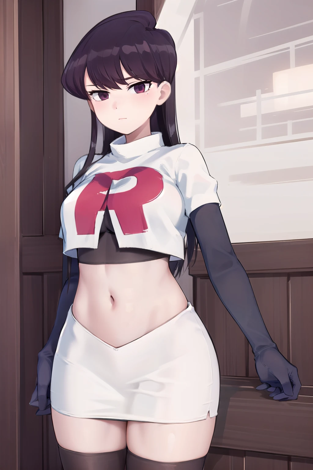 masterpiece, best quality, 1girl, solo, komi-san wa komyushou desu, looking at viewer, team rocket,team rocket uniform,white skirt,red letter R,crop top,black thigh-highs, cowboy shot 