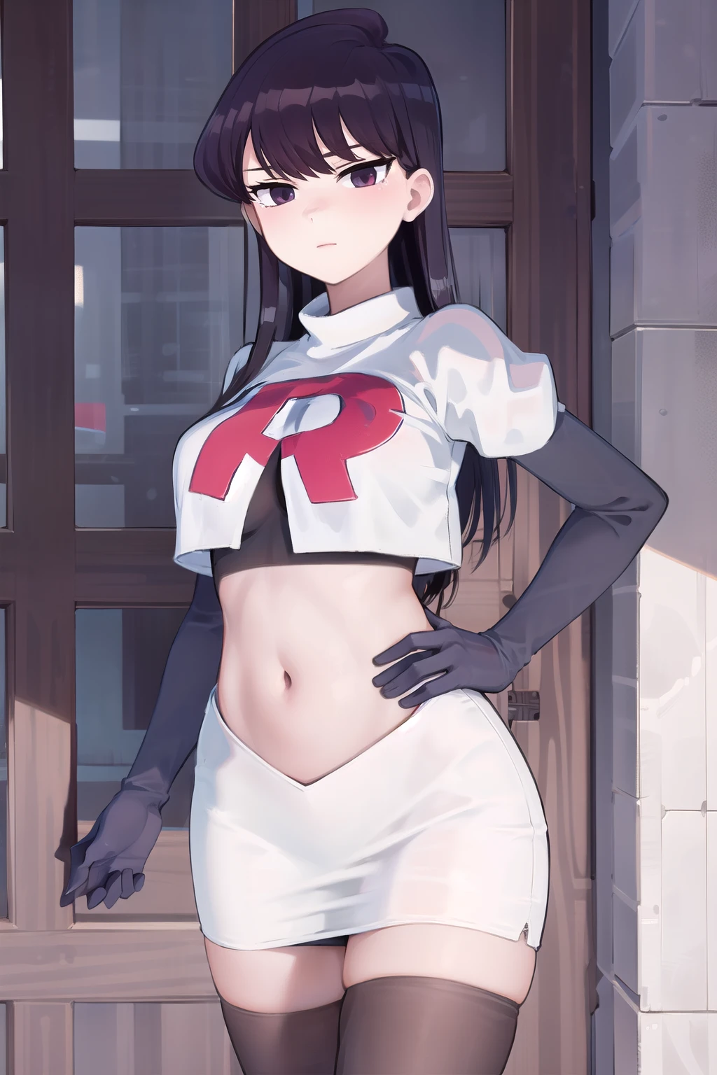 masterpiece, best quality, 1girl, solo, komi-san wa komyushou desu, looking at viewer, team rocket,team rocket uniform,white skirt,red letter R,crop top,black thigh-highs, cowboy shot 