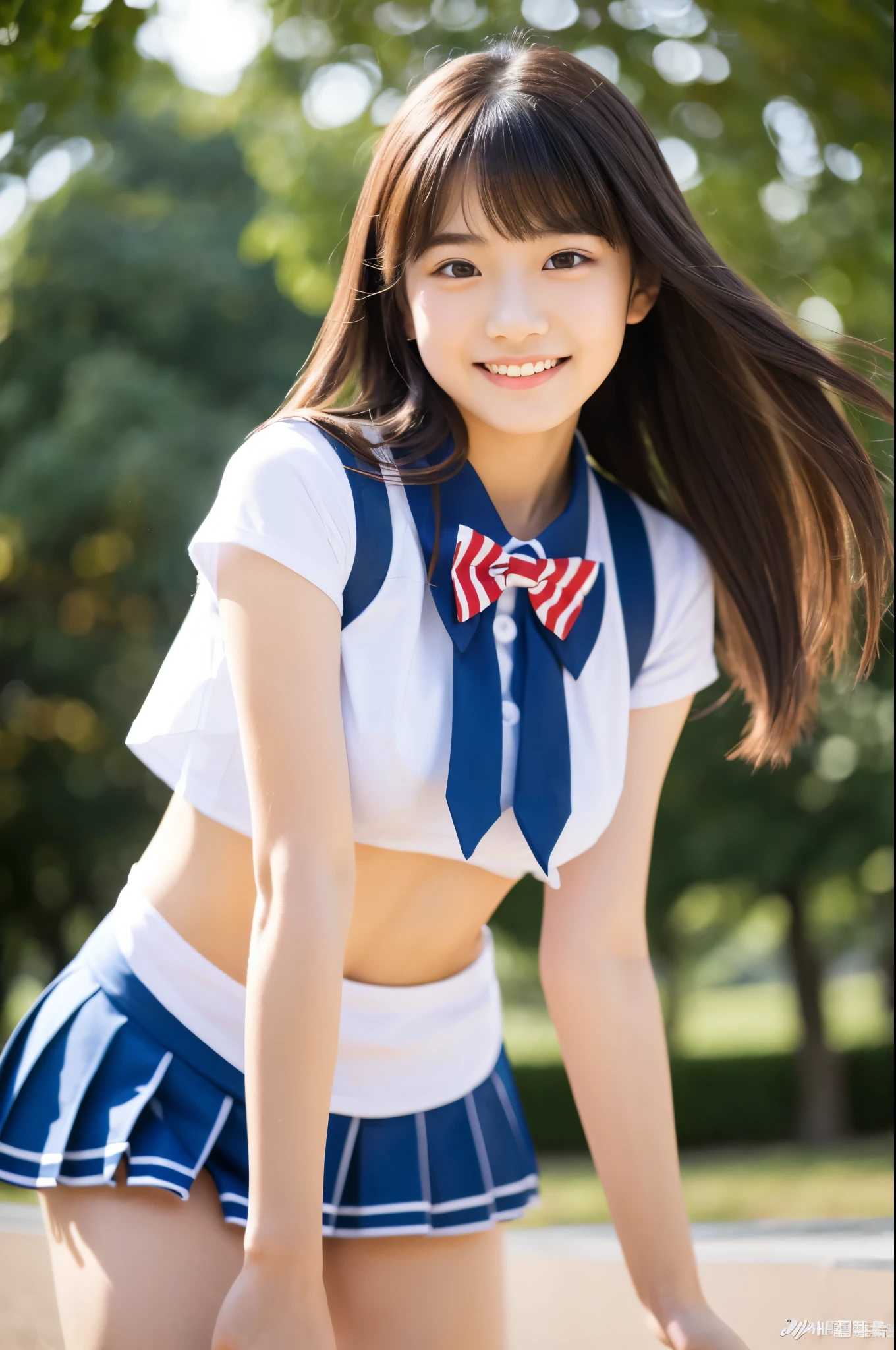 アイドルのようにvery cute、Cute and adorable、16歳のYoung faceに見える18歳の高校生少女, Young face、very cute、Smiling Kindly、Cheerleader、The uniform is a bikini type.、Bust-visible design、Nipples are visible、Sitting on one&#39;s knees in the schoolyard、whole body像、whole body、 Natural light、Accurate、Anatomically correct、Textured skin、Super Detail、 Attention to detail、highest quality、High resolution、Real、realism、Raw photo、Genuine、masterpiece