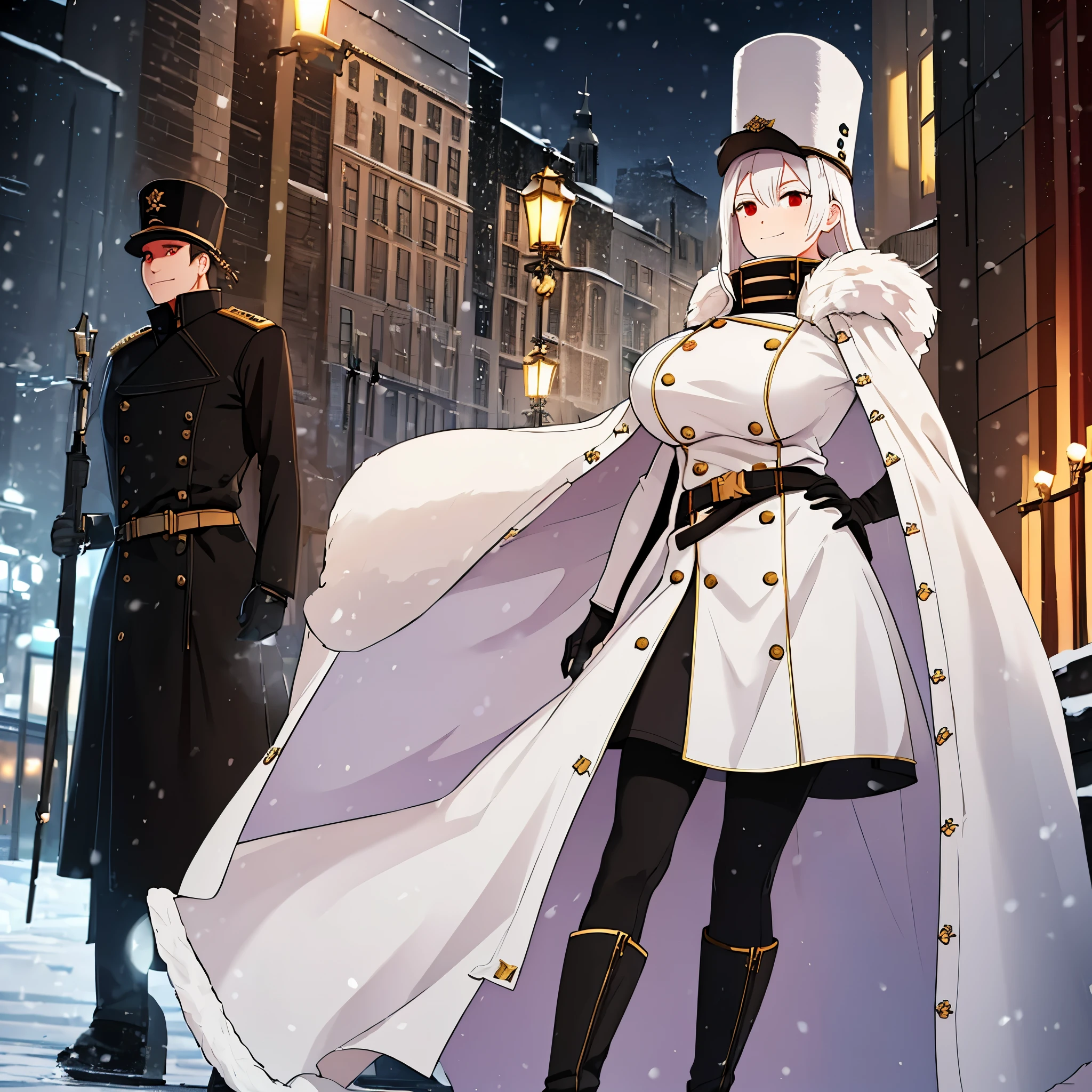 A woman wearing long white military dress with gold details, wearing a long white fur coat, imperial Russian military hat, long white hair, black boots, smiling, big breasts, red eyes, walking on a city promenade in snowy weather , orange lighting, at night,HDR, ultra resolution, well defined, masterpiece, 8K HD (woman solo )
